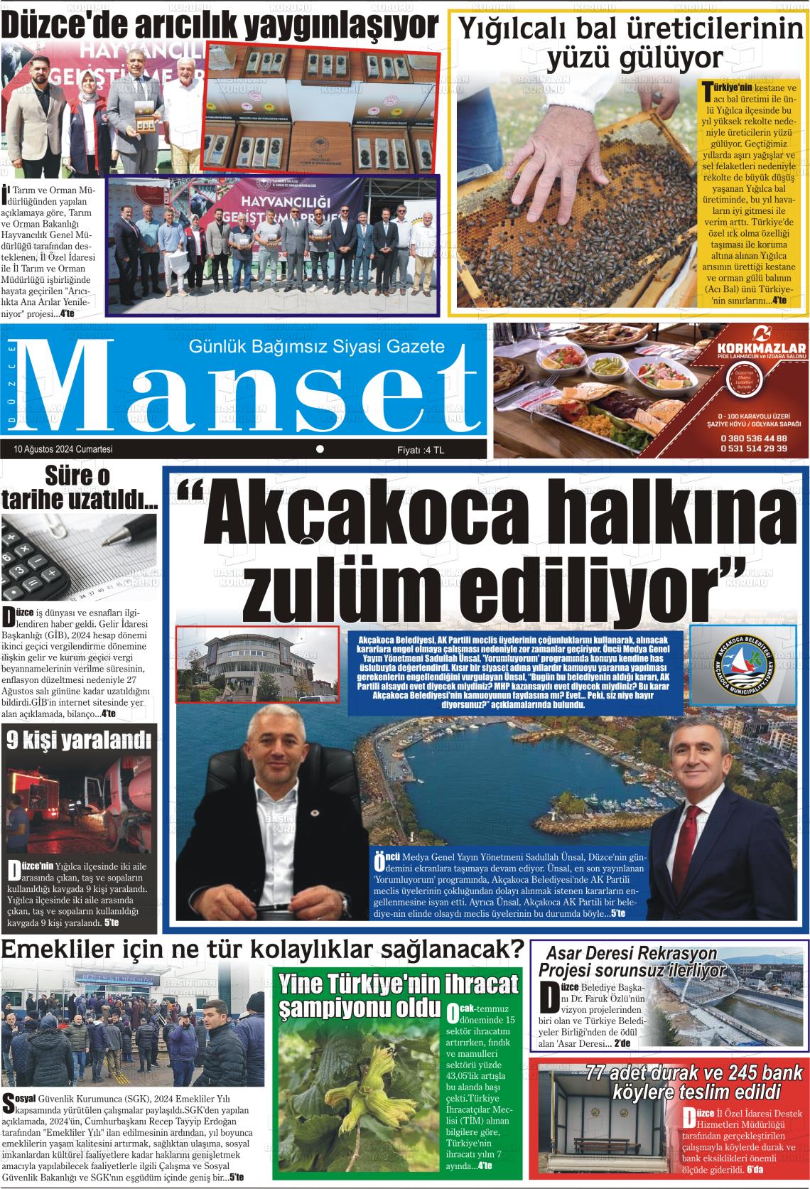 10 Ağustos 2024 Düzce Manşet Gazete Manşeti