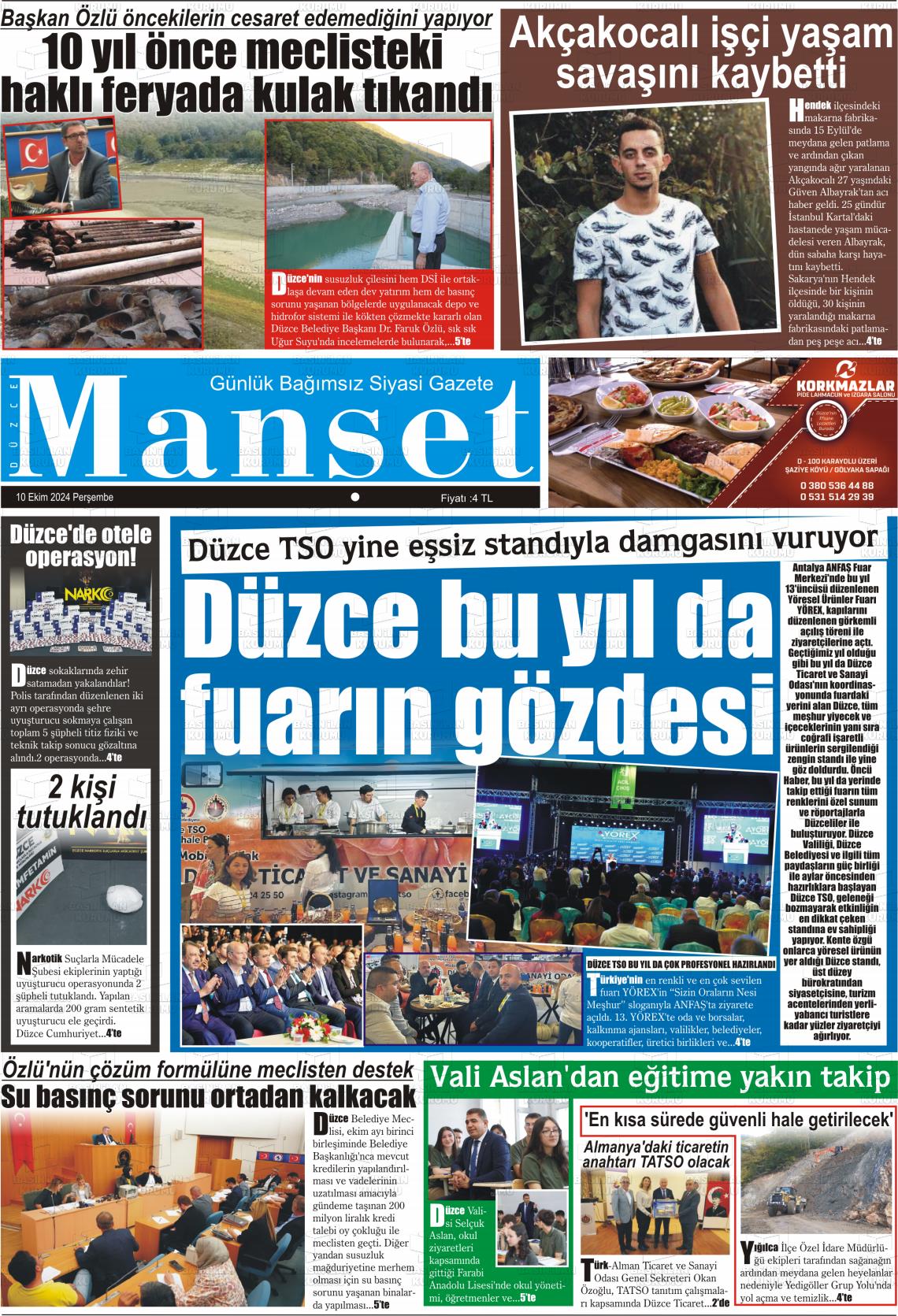 10 Ekim 2024 Düzce Manşet Gazete Manşeti