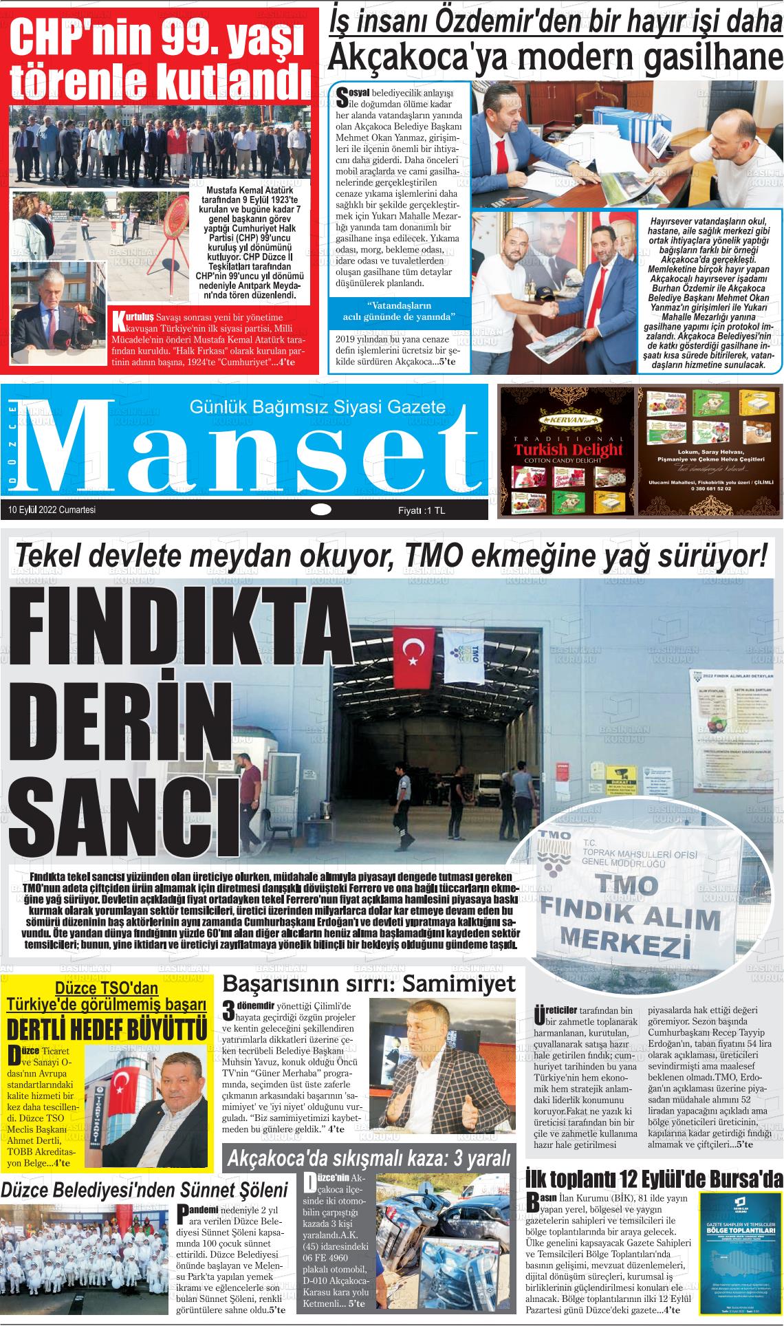 10 Eylül 2022 Düzce Manşet Gazete Manşeti