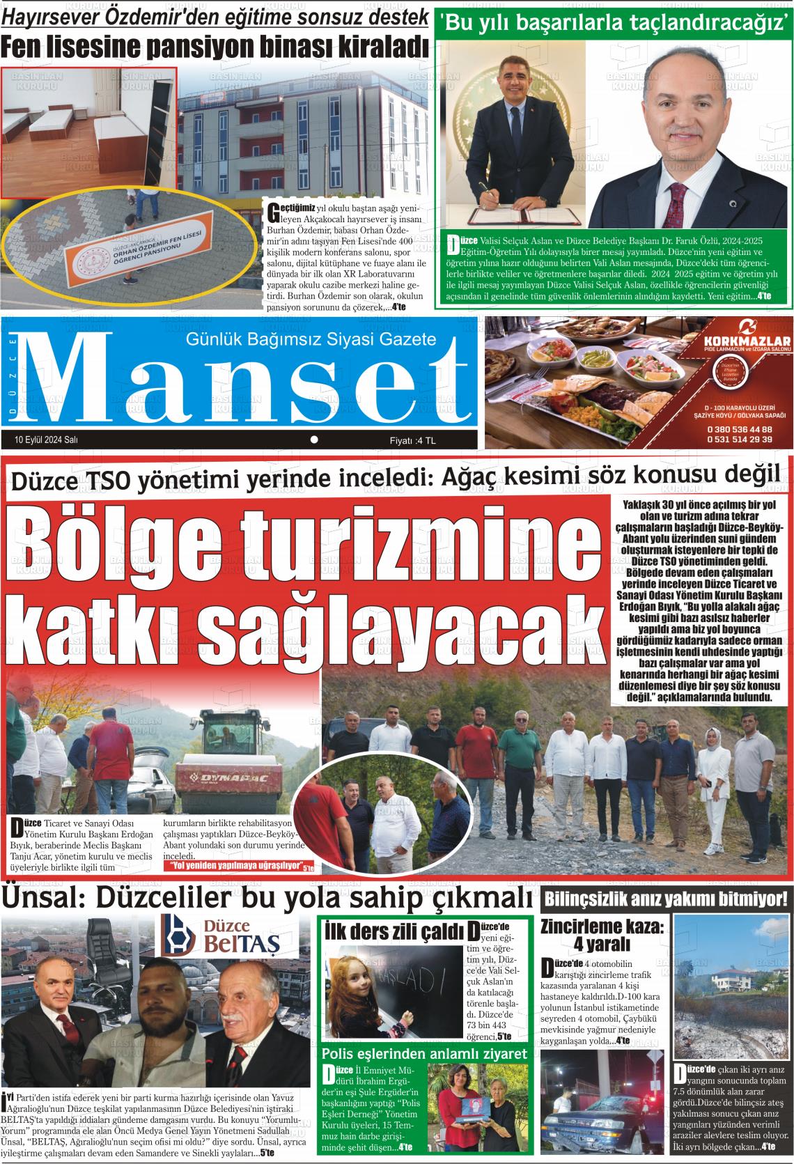 10 Eylül 2024 Düzce Manşet Gazete Manşeti