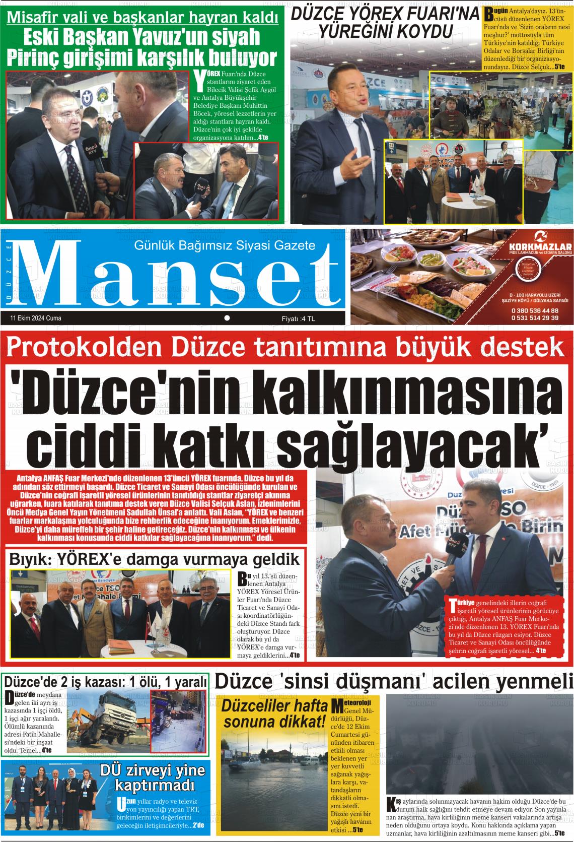 11 Ekim 2024 Düzce Manşet Gazete Manşeti