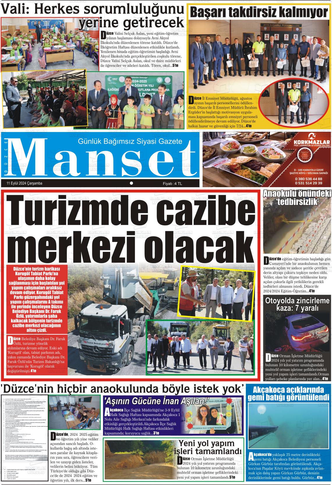 11 Eylül 2024 Düzce Manşet Gazete Manşeti