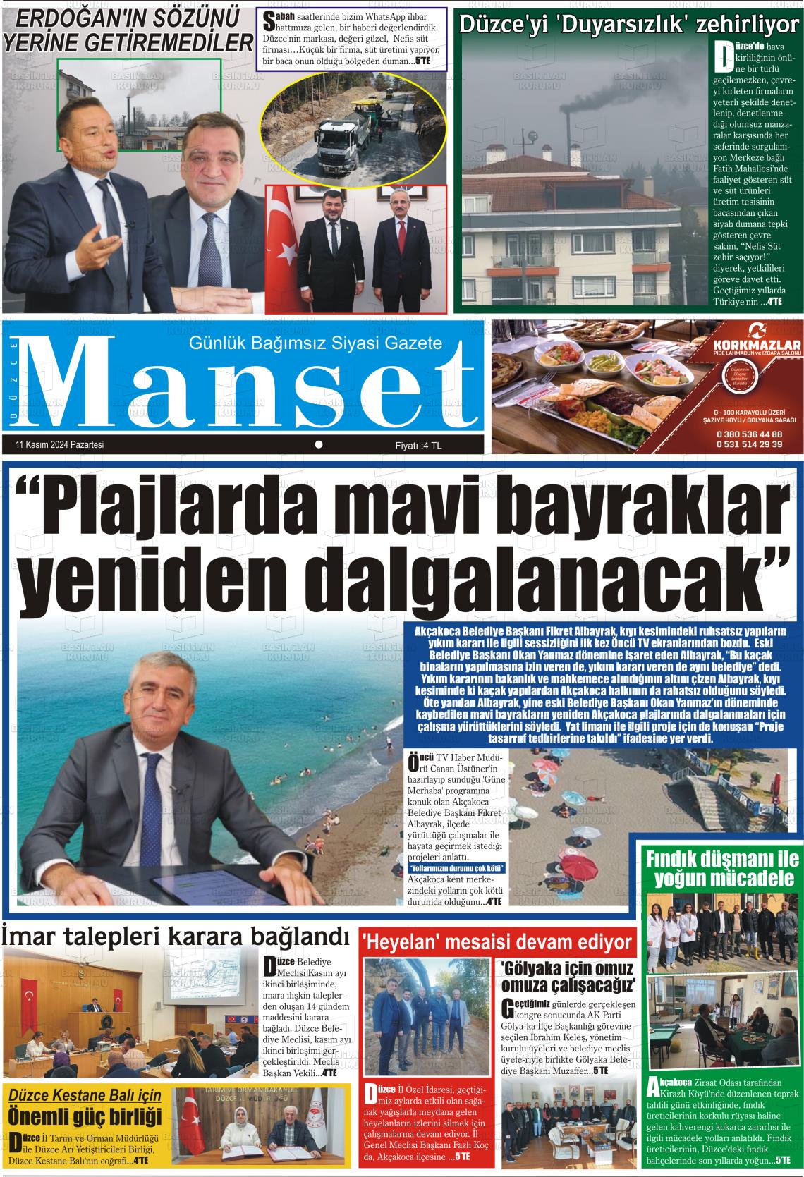 11 Kasım 2024 Düzce Manşet Gazete Manşeti