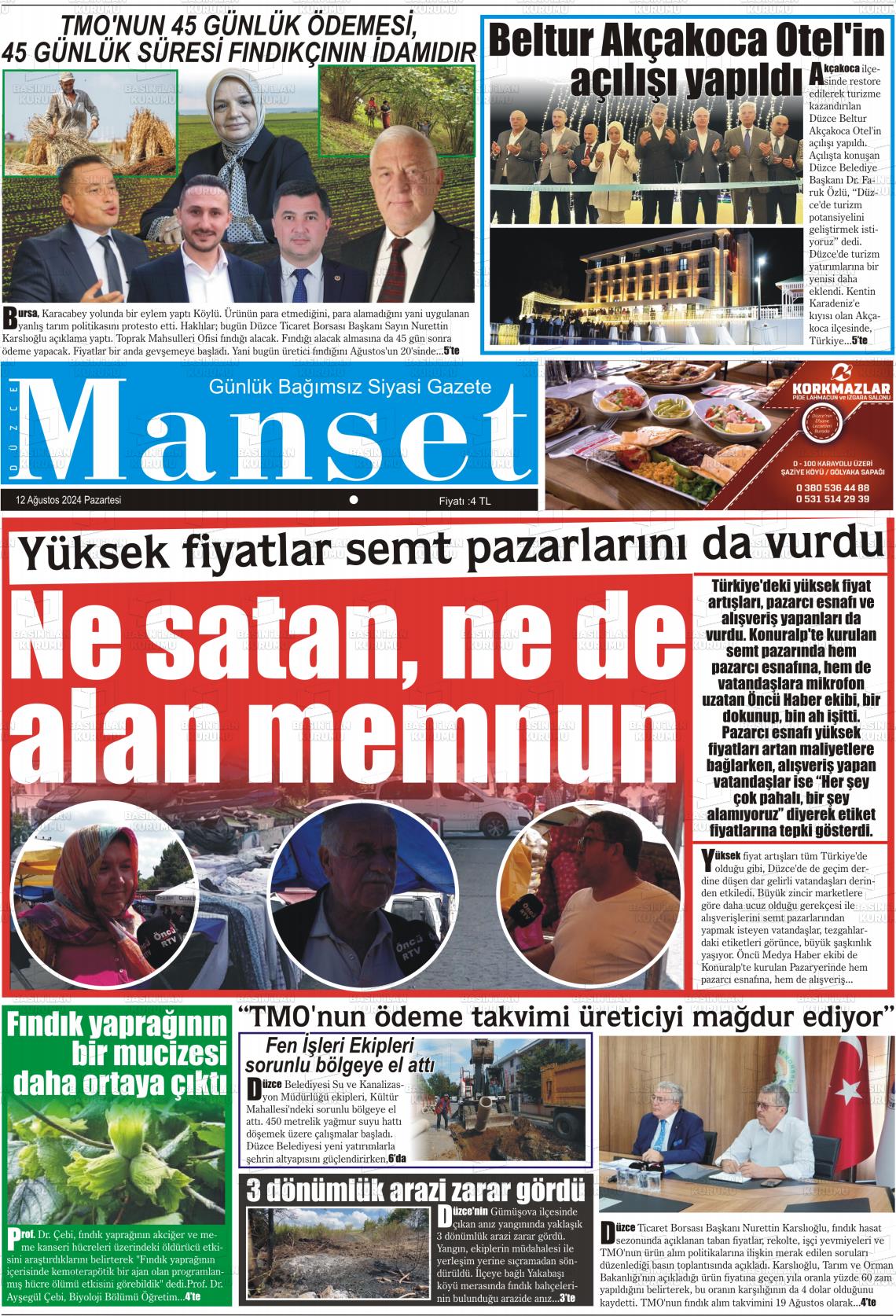 12 Ağustos 2024 Düzce Manşet Gazete Manşeti