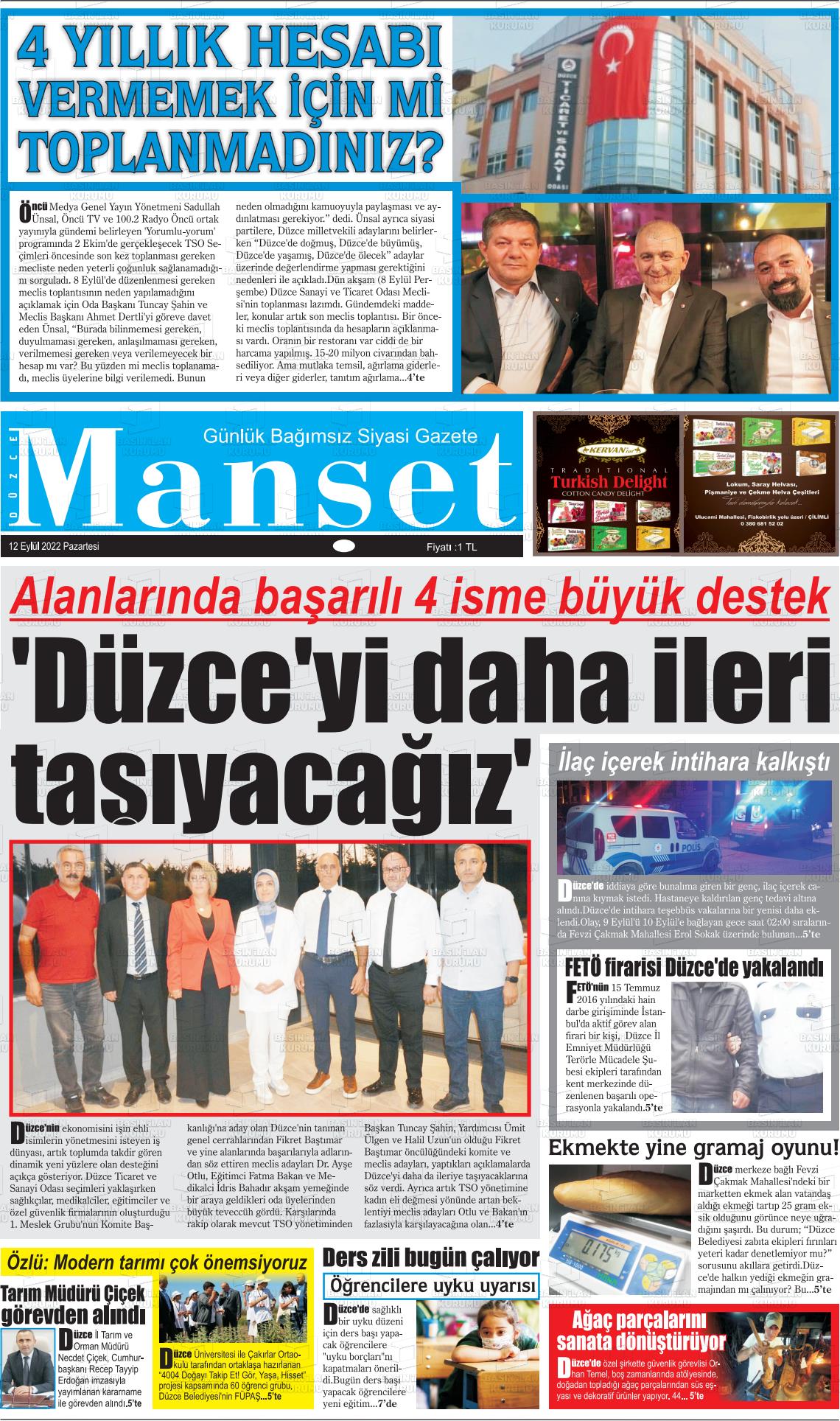 12 Eylül 2022 Düzce Manşet Gazete Manşeti