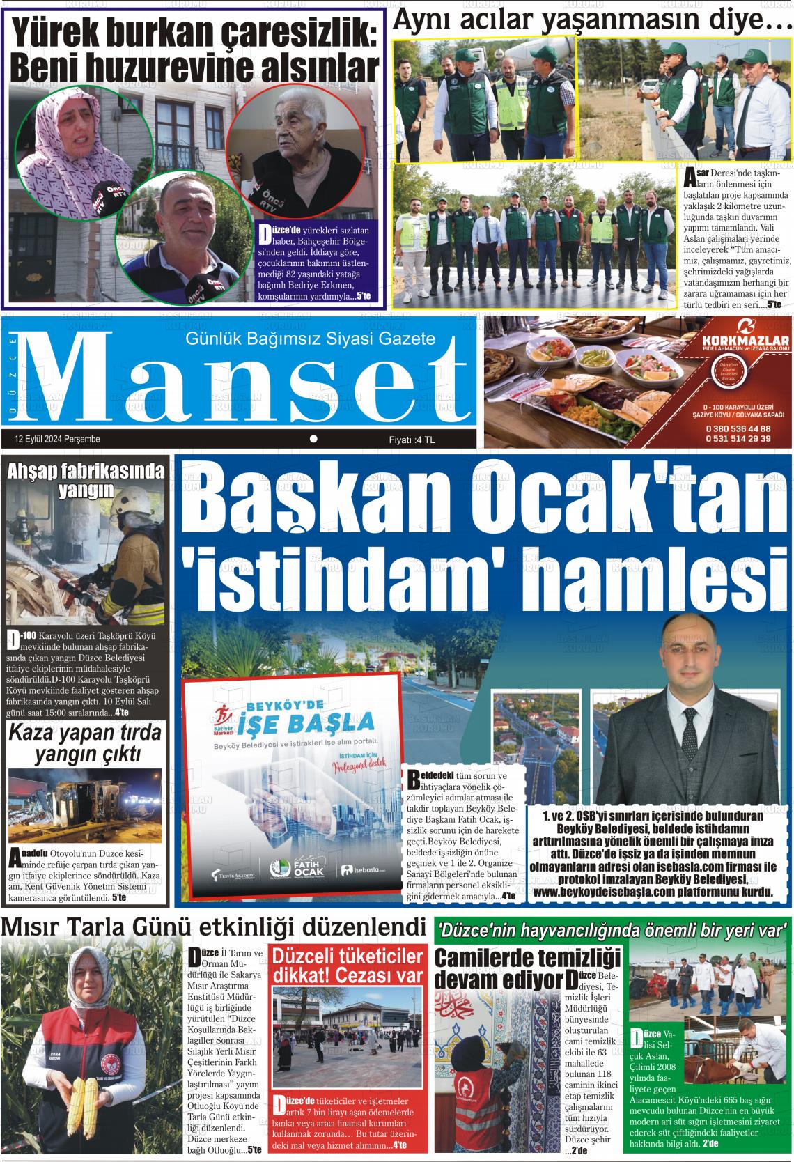 12 Eylül 2024 Düzce Manşet Gazete Manşeti