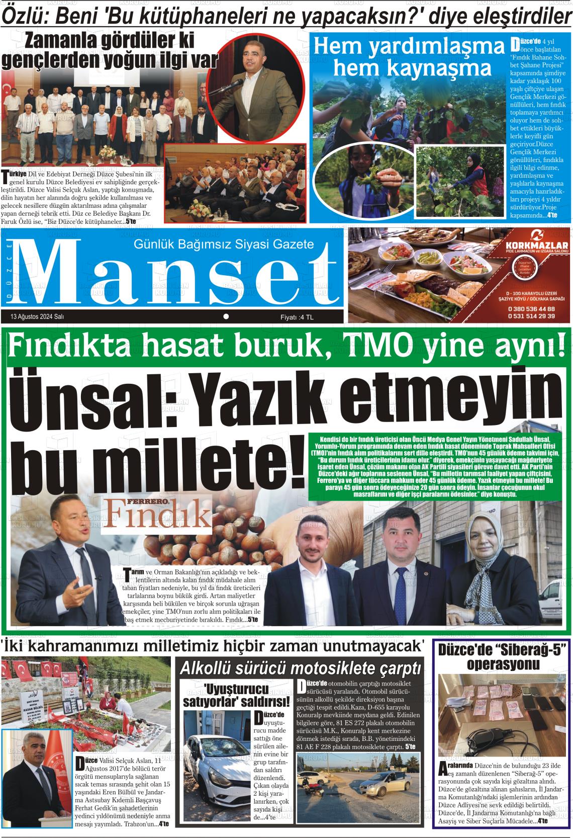 13 Ağustos 2024 Düzce Manşet Gazete Manşeti