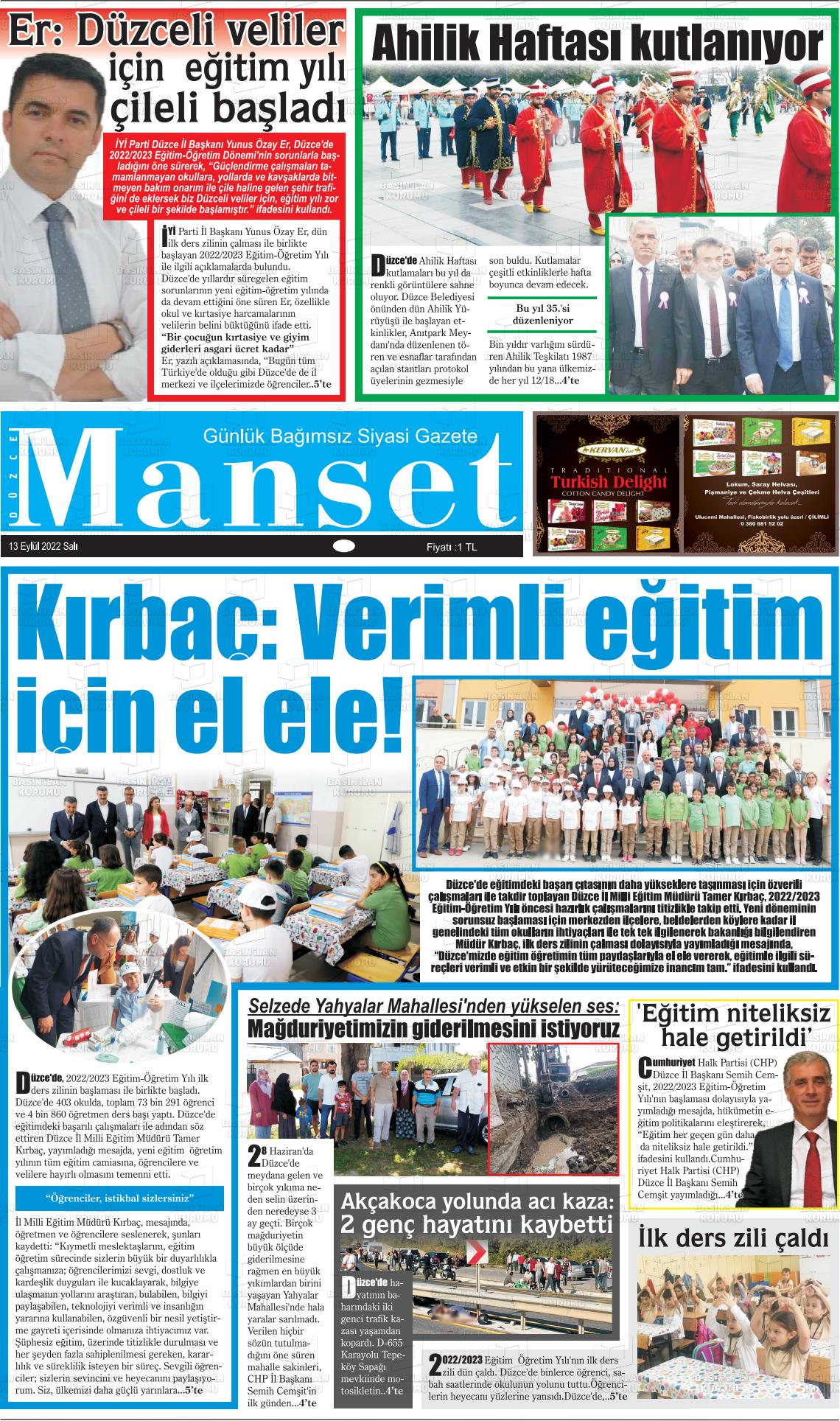 13 Eylül 2022 Düzce Manşet Gazete Manşeti