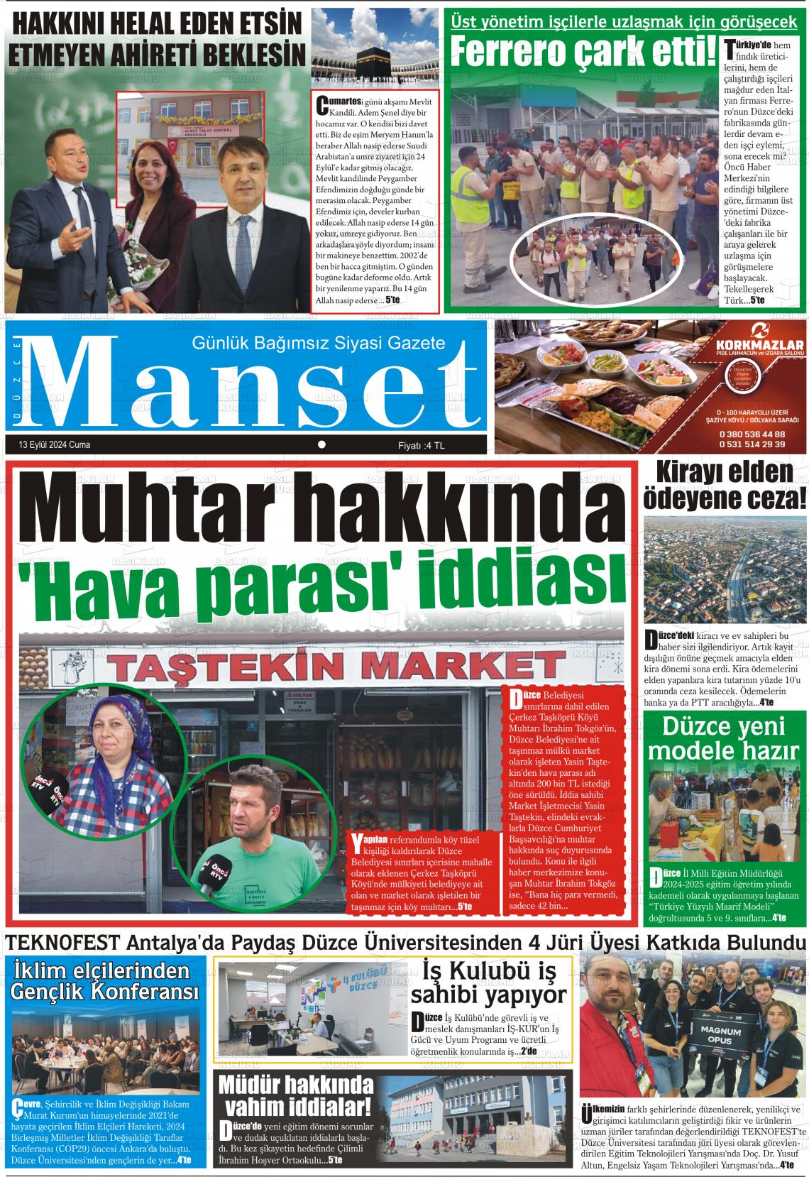 13 Eylül 2024 Düzce Manşet Gazete Manşeti