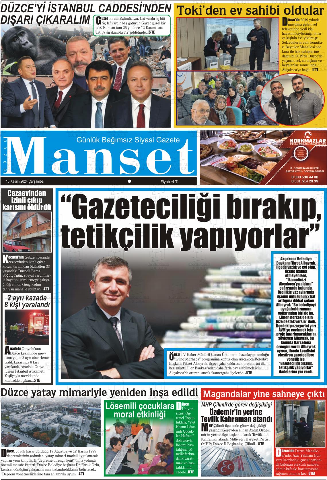 13 Kasım 2024 Düzce Manşet Gazete Manşeti