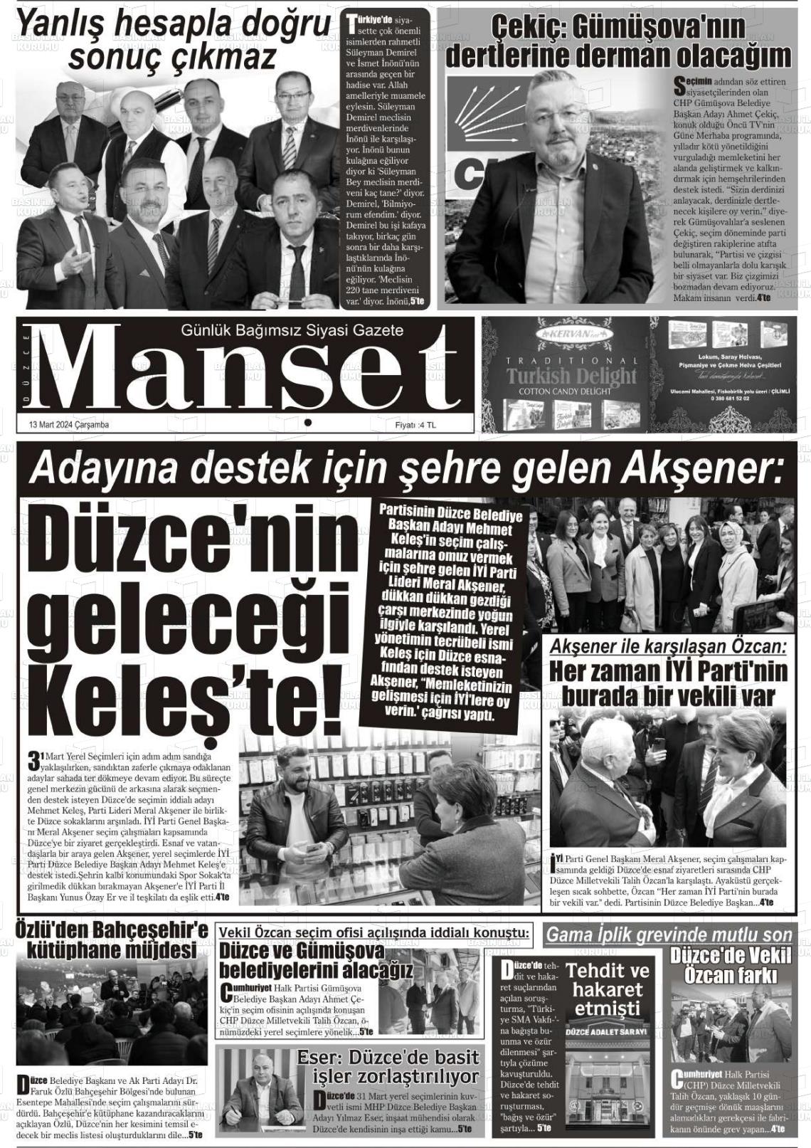 13 Mart 2024 Düzce Manşet Gazete Manşeti