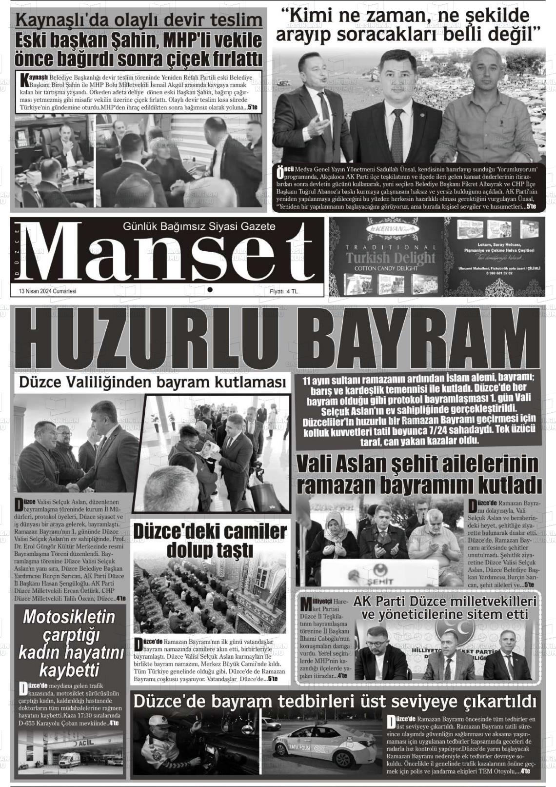 13 Nisan 2024 Düzce Manşet Gazete Manşeti