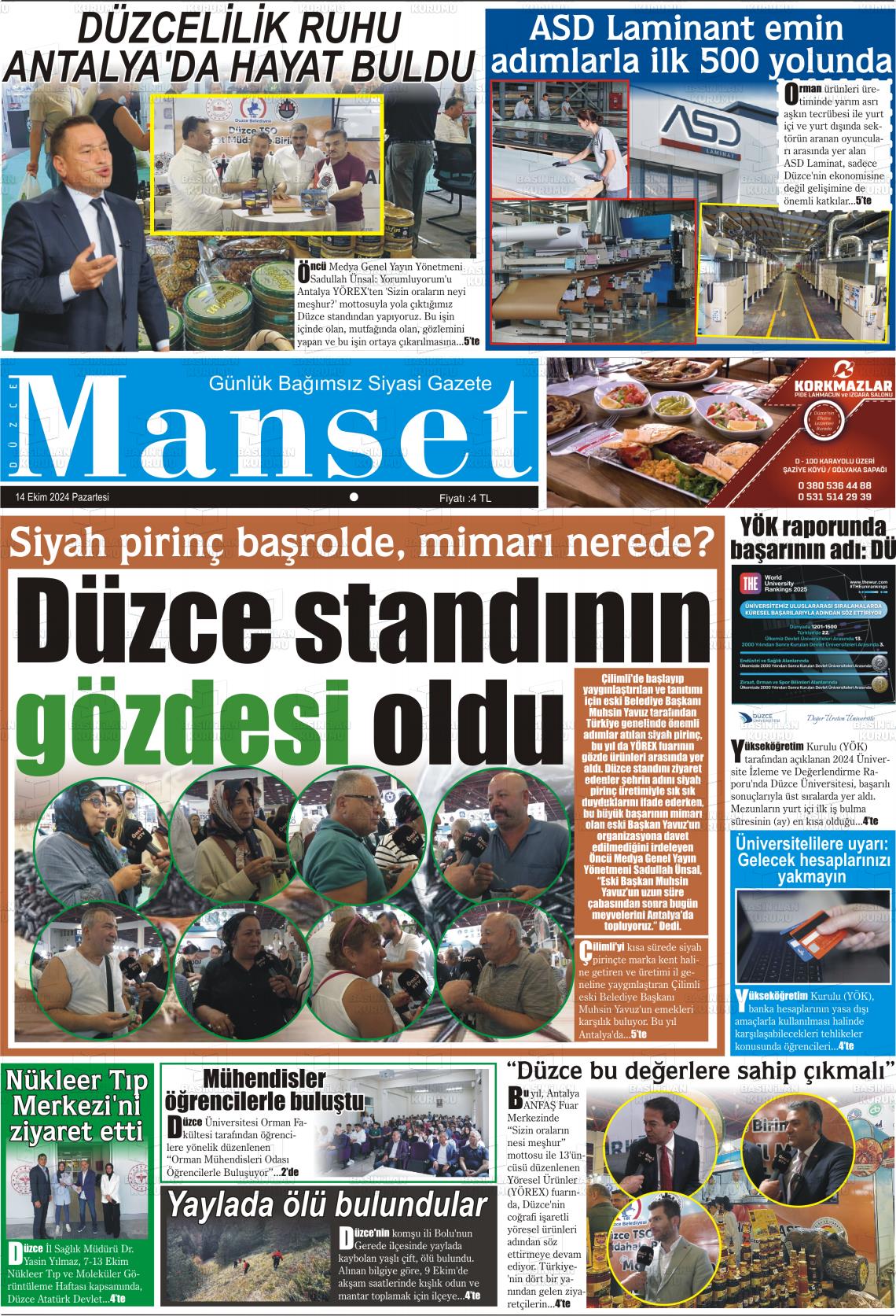 14 Ekim 2024 Düzce Manşet Gazete Manşeti