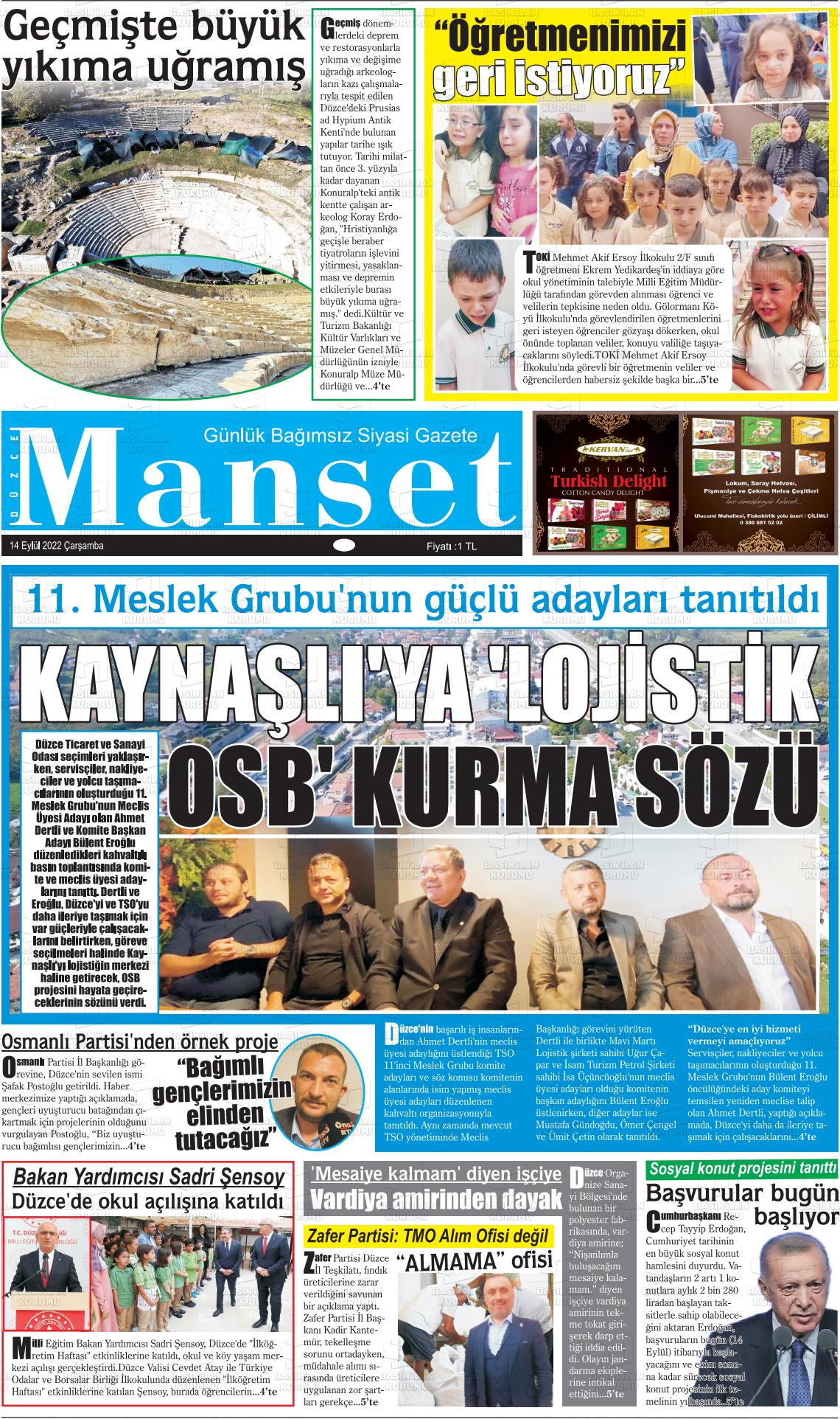 12 Kasım 2022 Düzce Manşet Gazete Manşeti