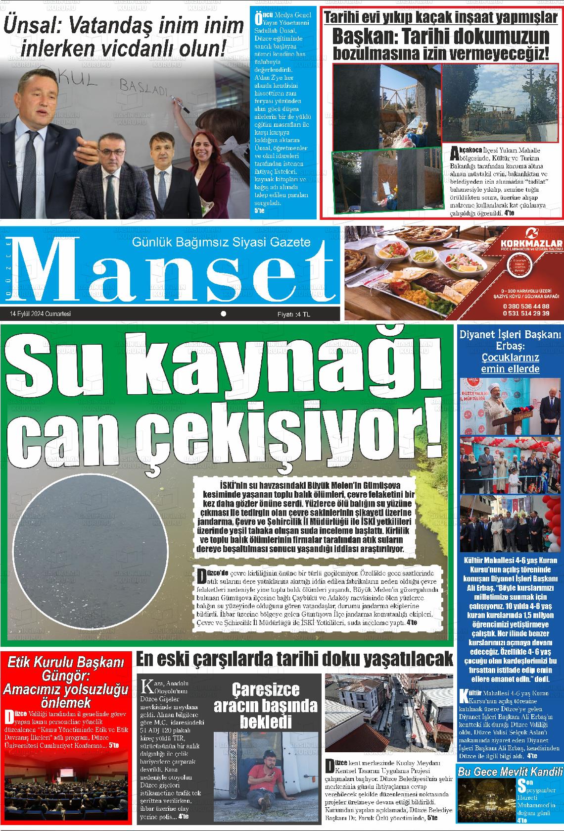 14 Eylül 2024 Düzce Manşet Gazete Manşeti