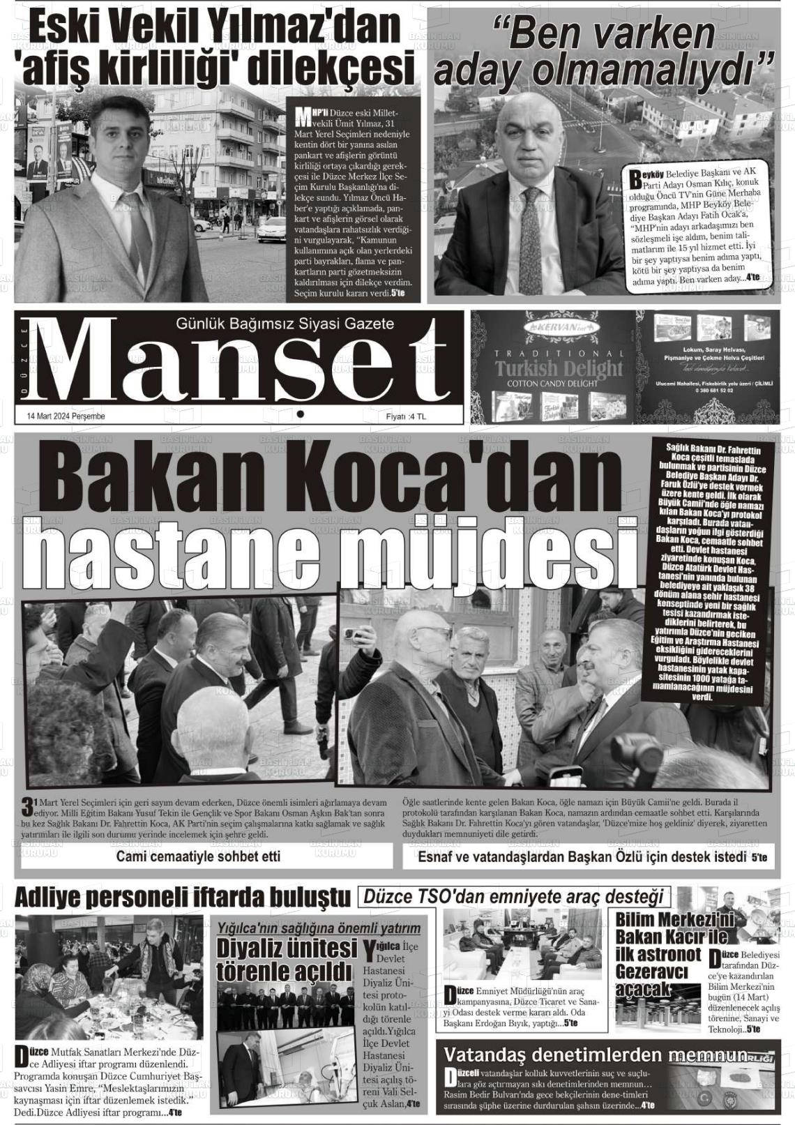 14 Mart 2024 Düzce Manşet Gazete Manşeti