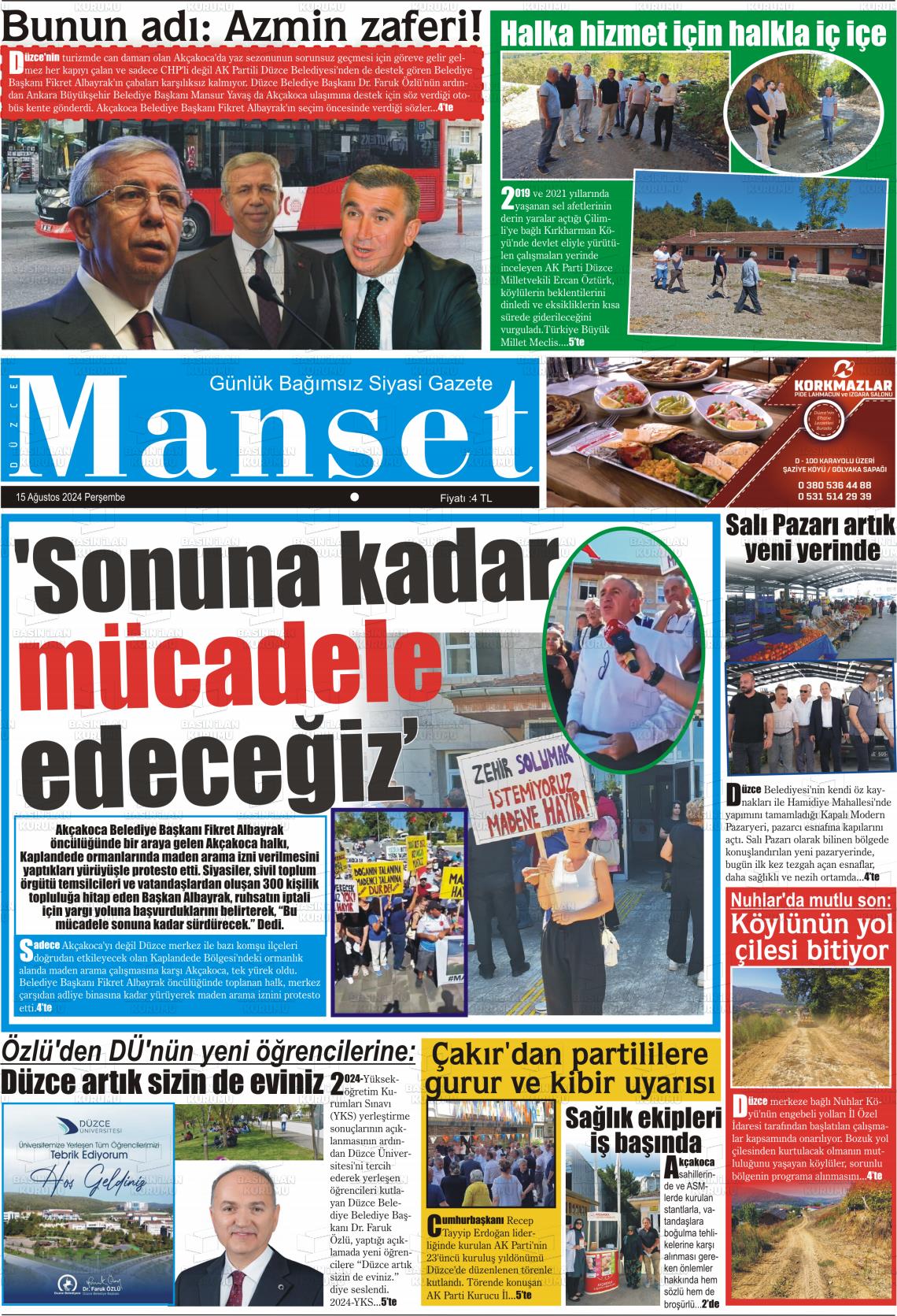 15 Ağustos 2024 Düzce Manşet Gazete Manşeti