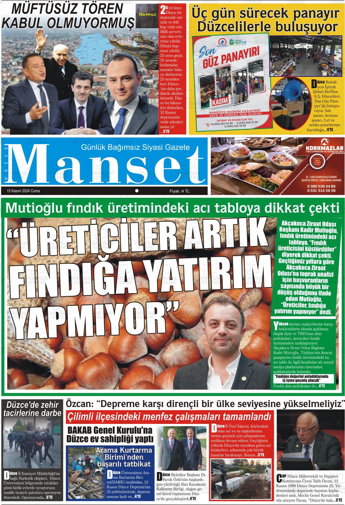 15 Kasım 2024 Düzce Manşet Gazete Manşeti