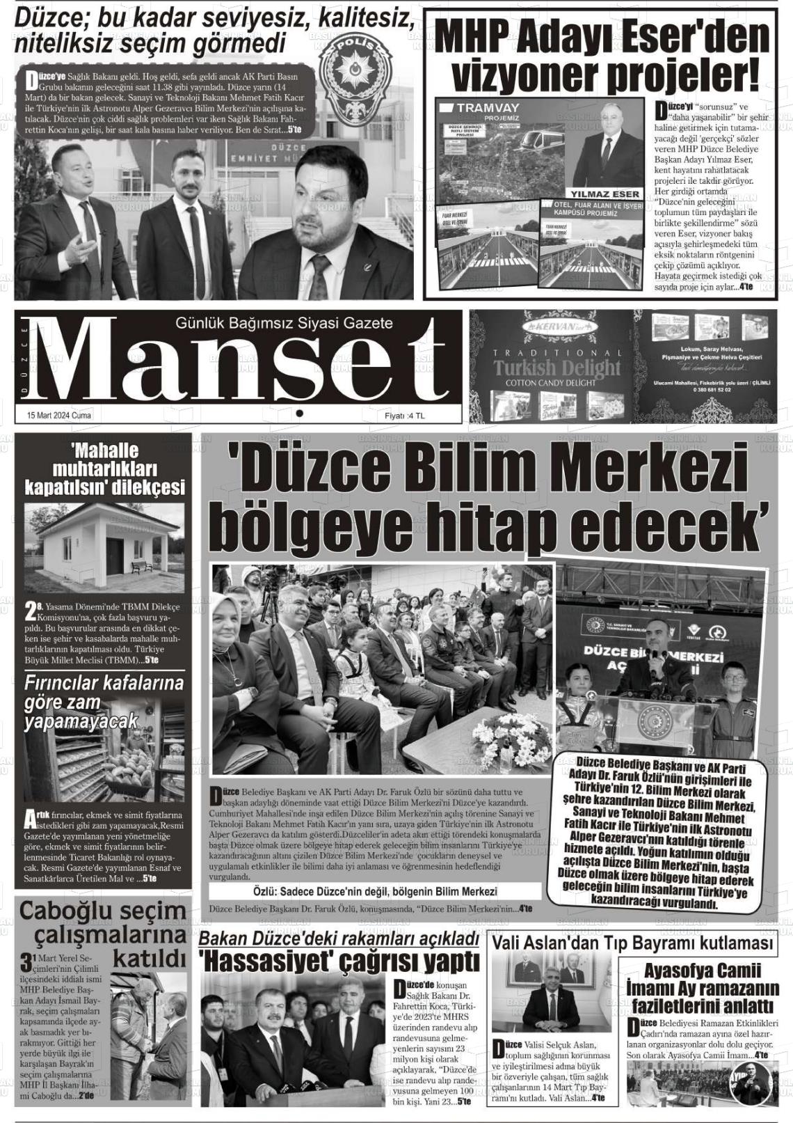 15 Mart 2024 Düzce Manşet Gazete Manşeti