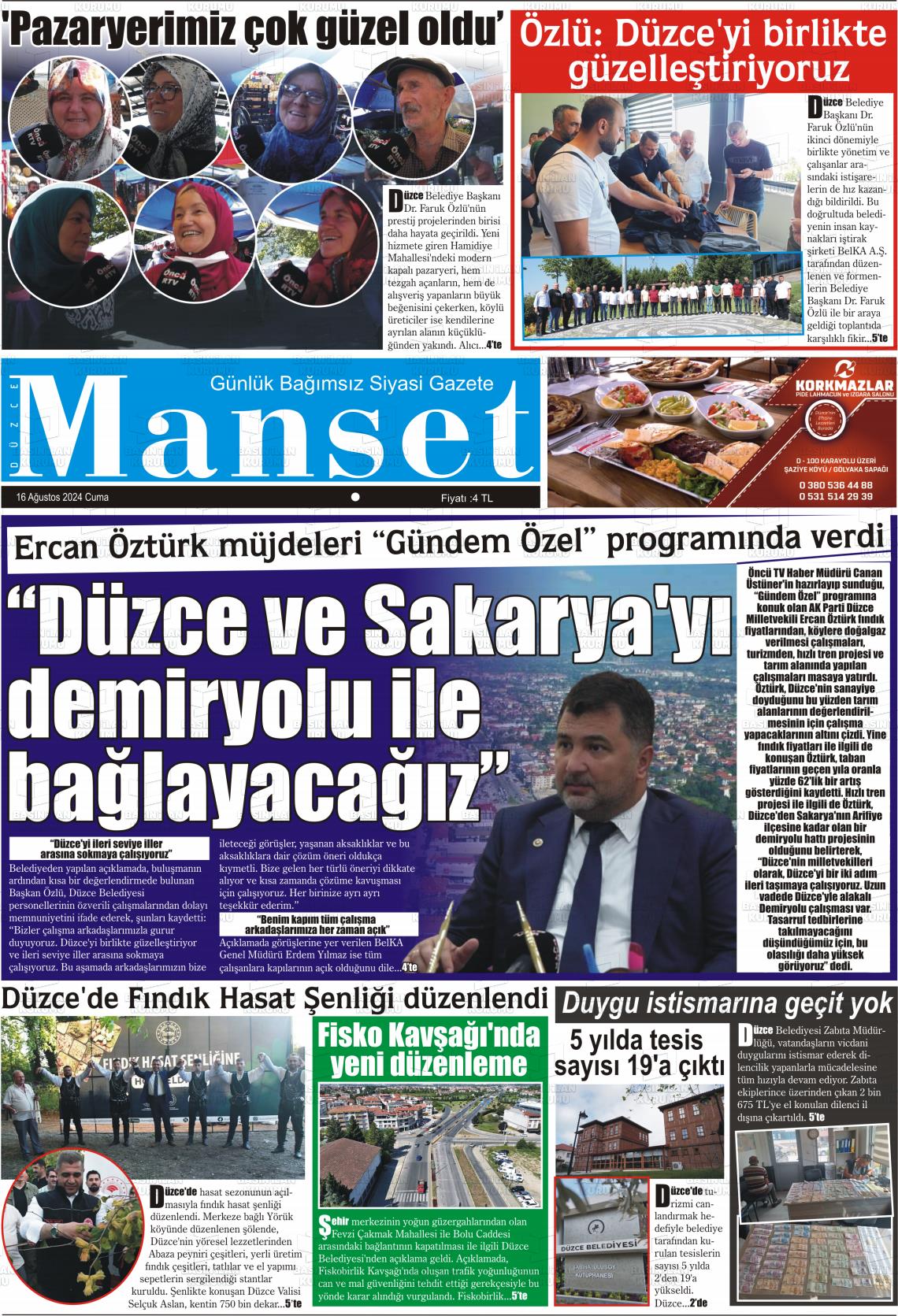 16 Ağustos 2024 Düzce Manşet Gazete Manşeti