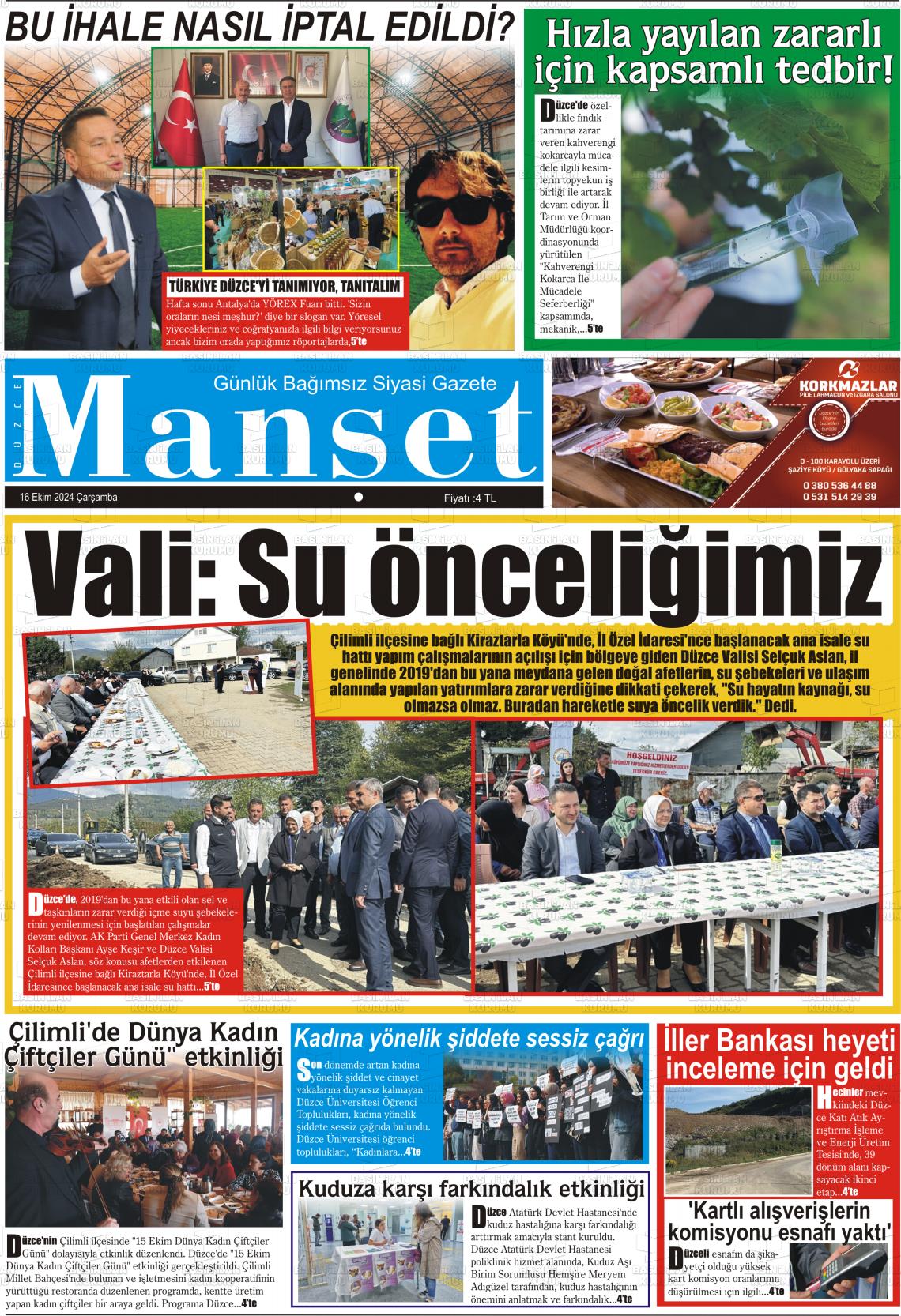 16 Ekim 2024 Düzce Manşet Gazete Manşeti