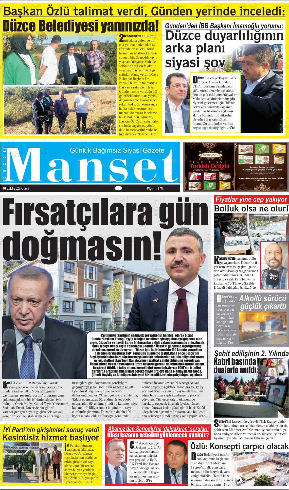 14 Kasım 2022 Düzce Manşet Gazete Manşeti