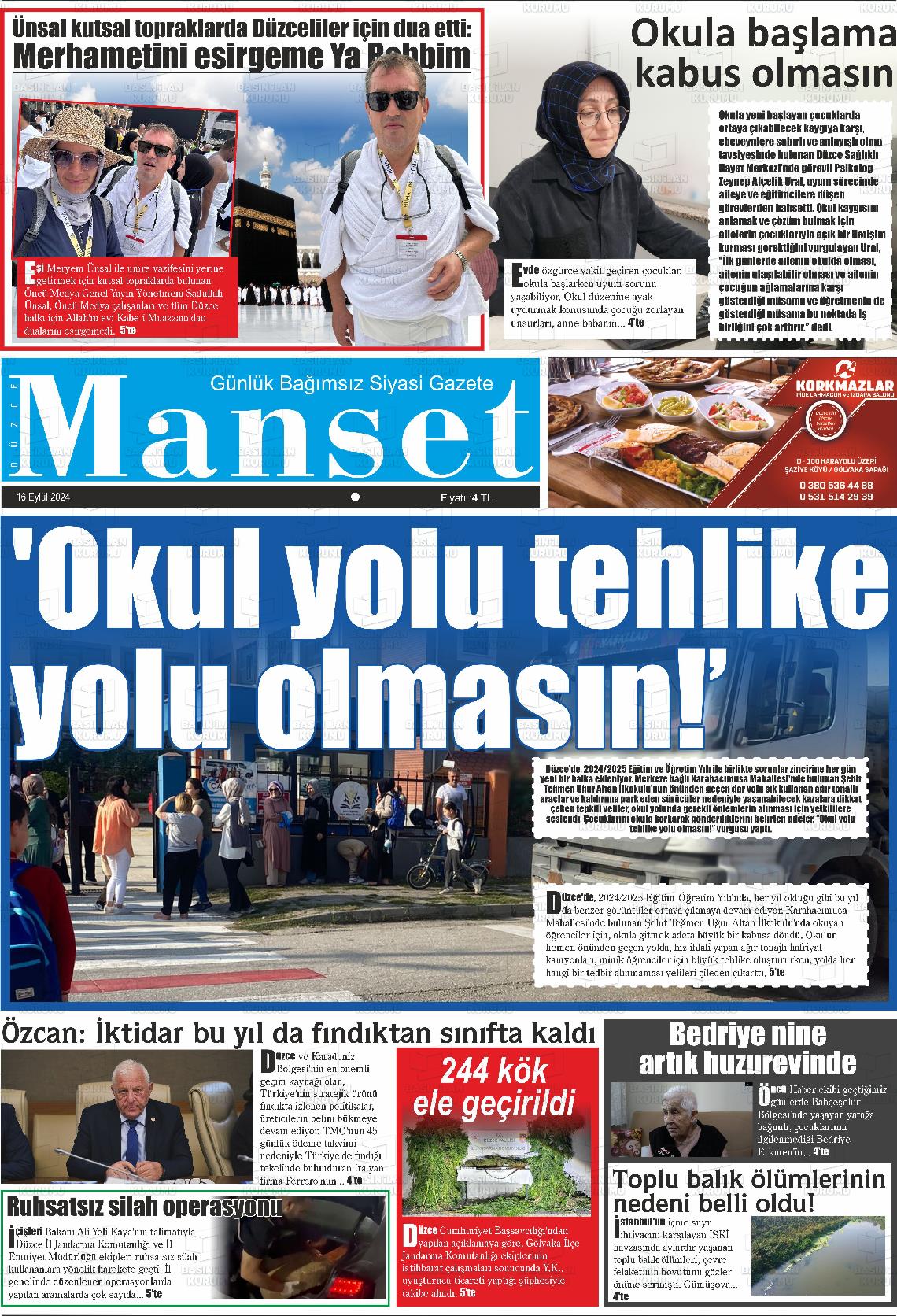 16 Eylül 2024 Düzce Manşet Gazete Manşeti