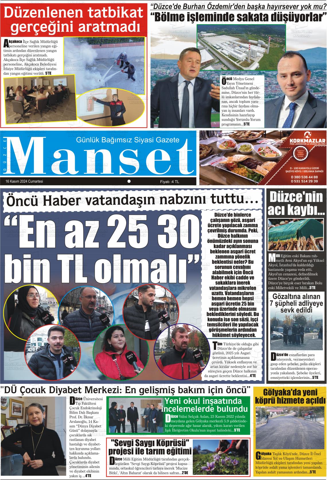 16 Kasım 2024 Düzce Manşet Gazete Manşeti