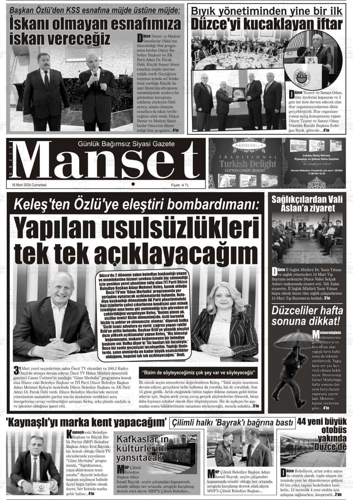 16 Mart 2024 Düzce Manşet Gazete Manşeti