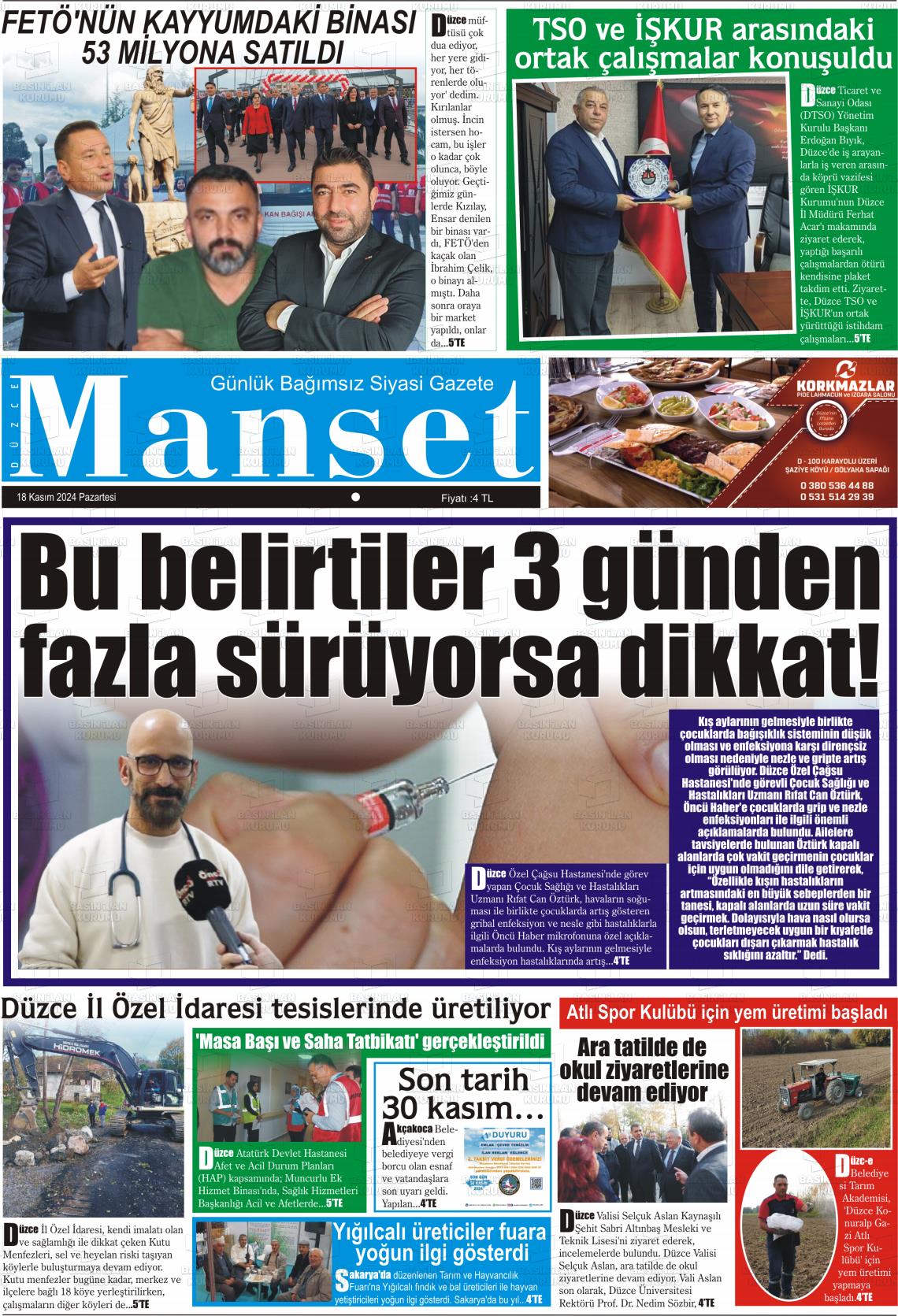 18 Kasım 2024 Düzce Manşet Gazete Manşeti