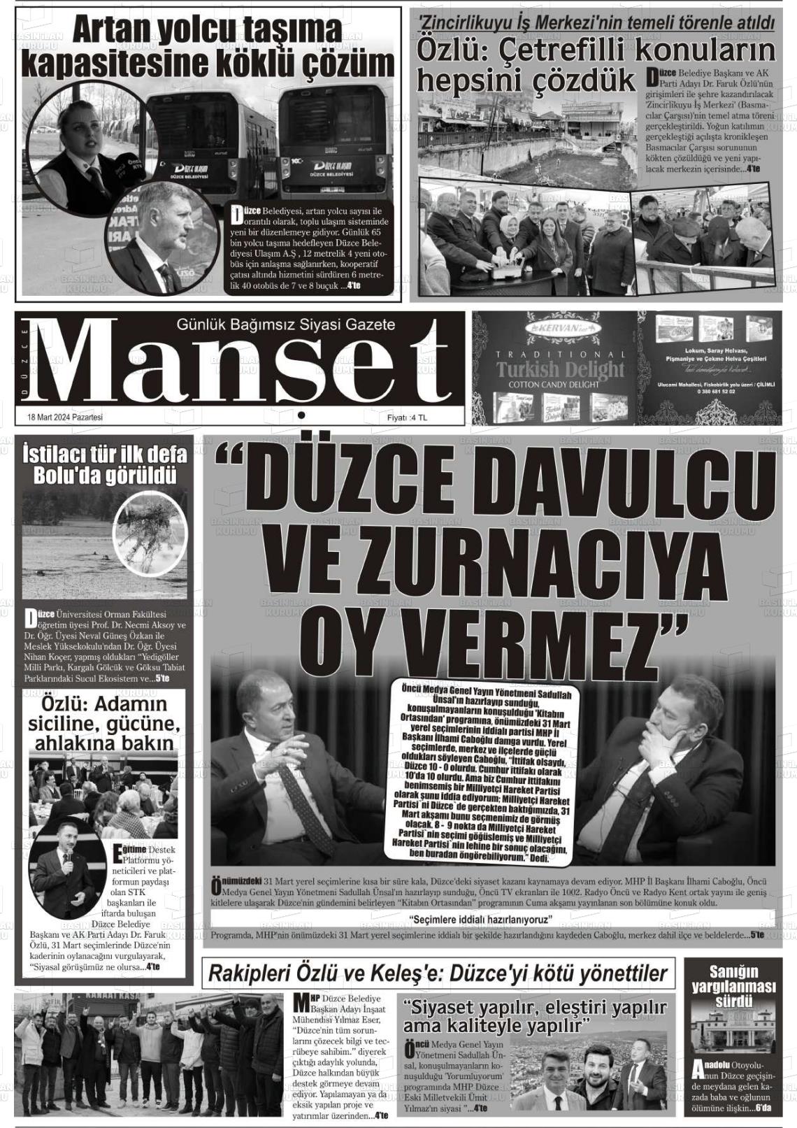 18 Mart 2024 Düzce Manşet Gazete Manşeti