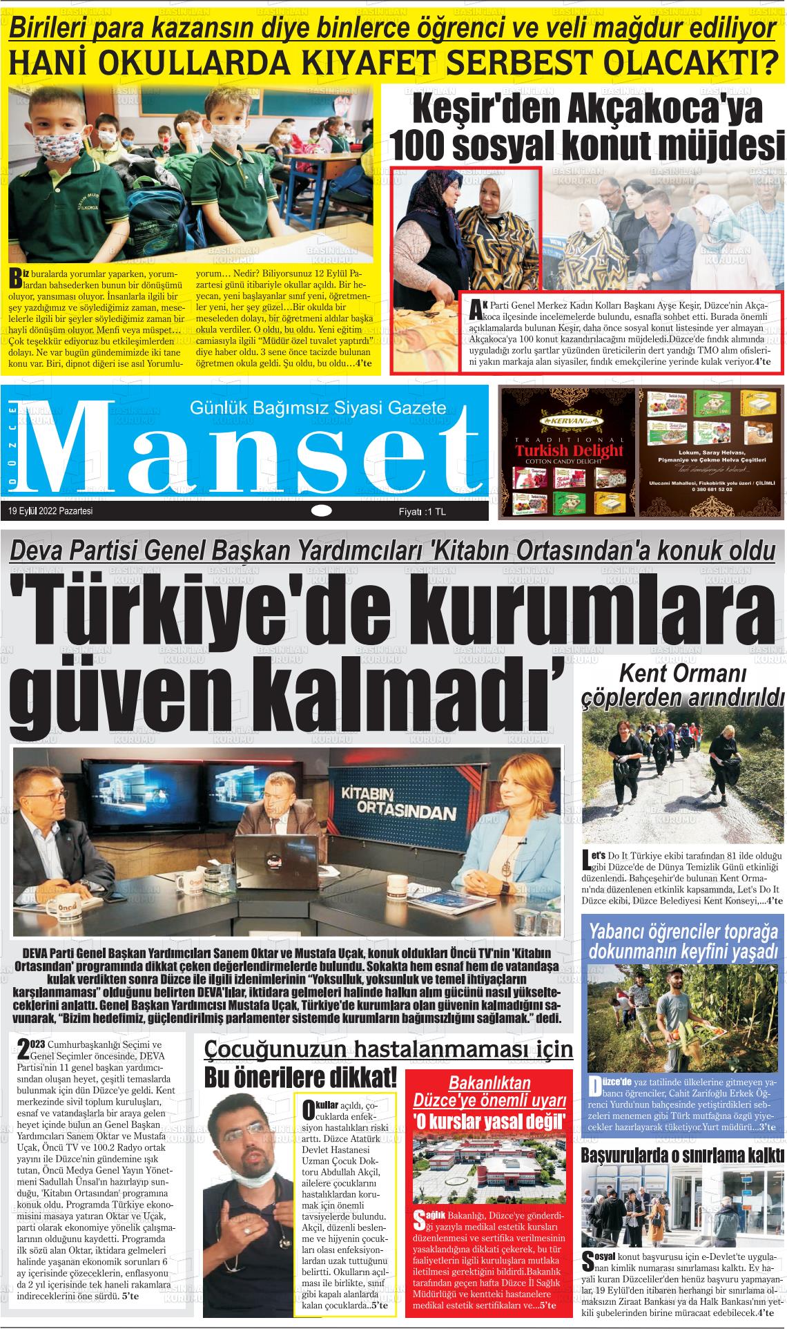 19 Eylül 2022 Düzce Manşet Gazete Manşeti