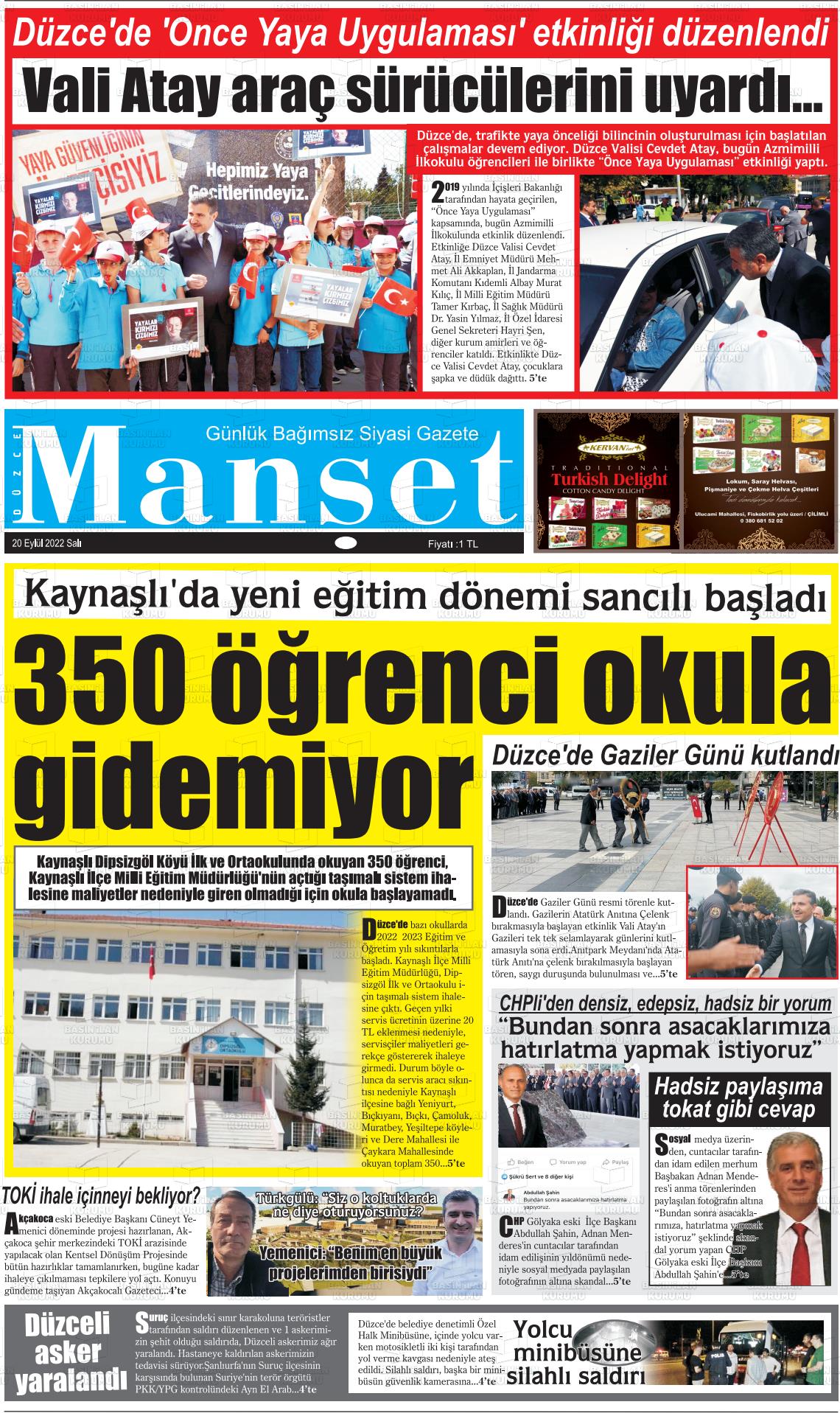 20 Eylül 2022 Düzce Manşet Gazete Manşeti