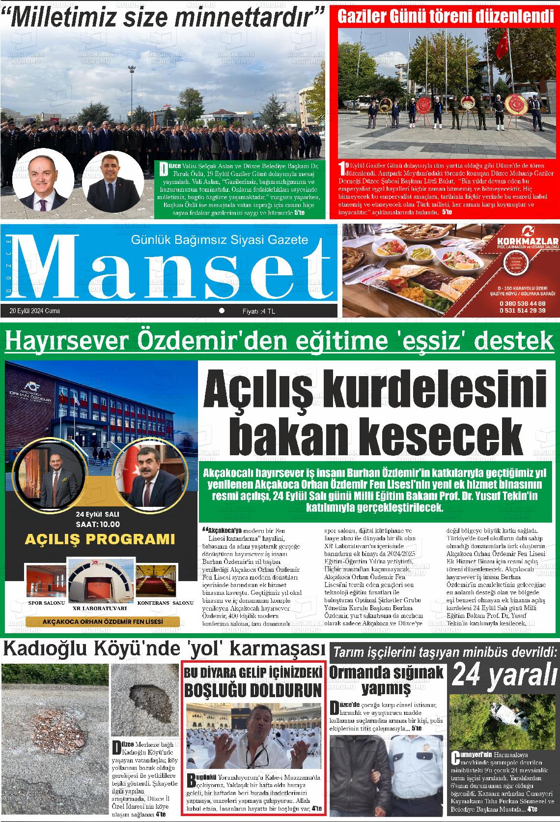 20 Eylül 2024 Düzce Manşet Gazete Manşeti