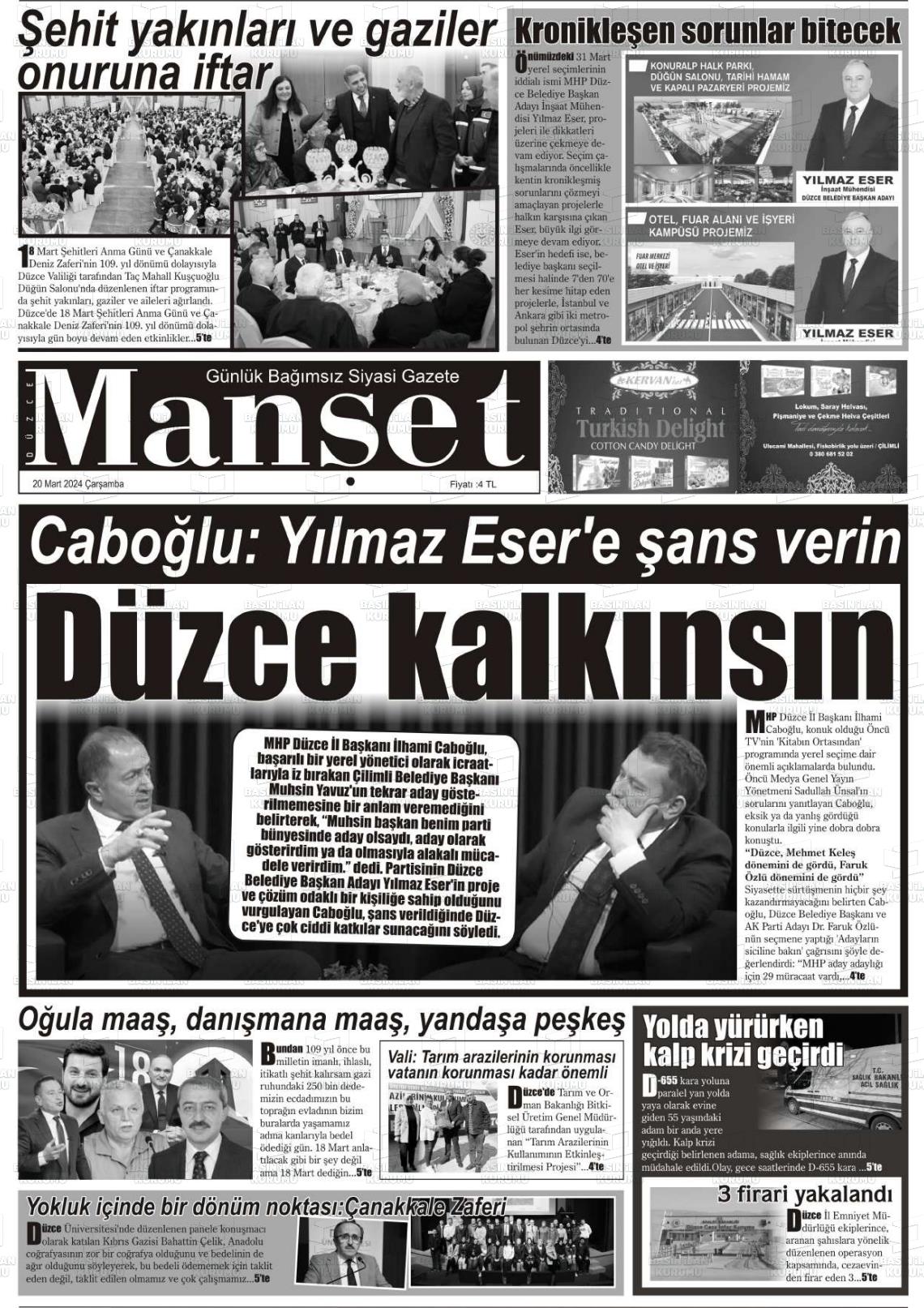 20 Mart 2024 Düzce Manşet Gazete Manşeti