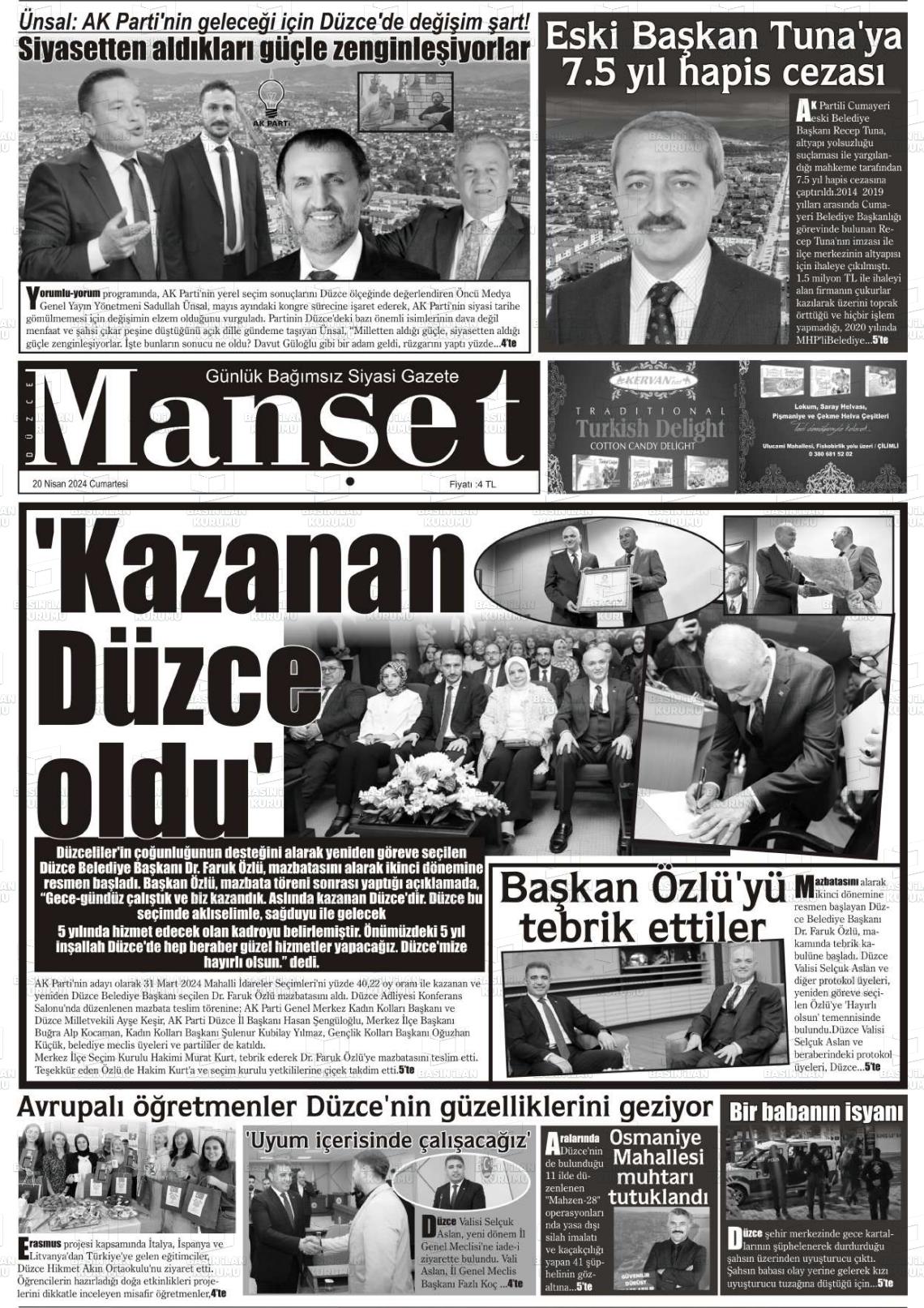 20 Nisan 2024 Düzce Manşet Gazete Manşeti