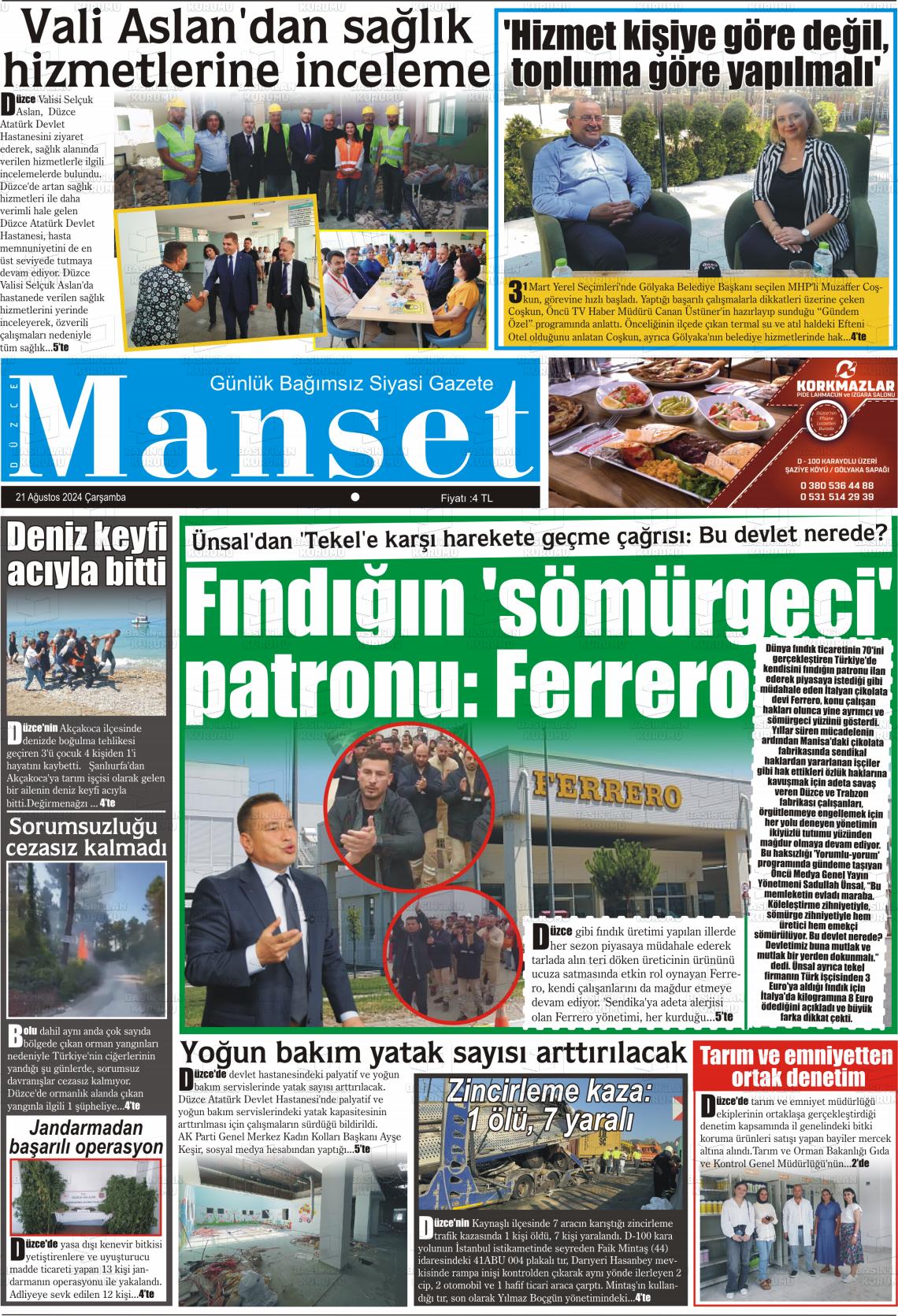 21 Ağustos 2024 Düzce Manşet Gazete Manşeti