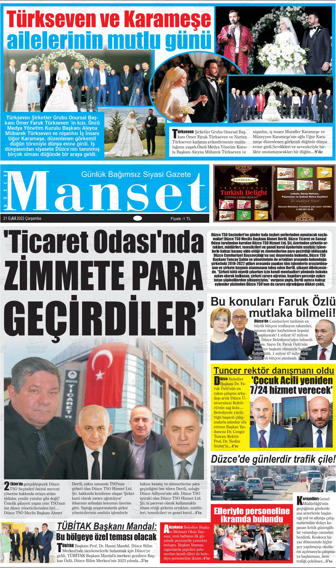 19 Kasım 2022 Düzce Manşet Gazete Manşeti