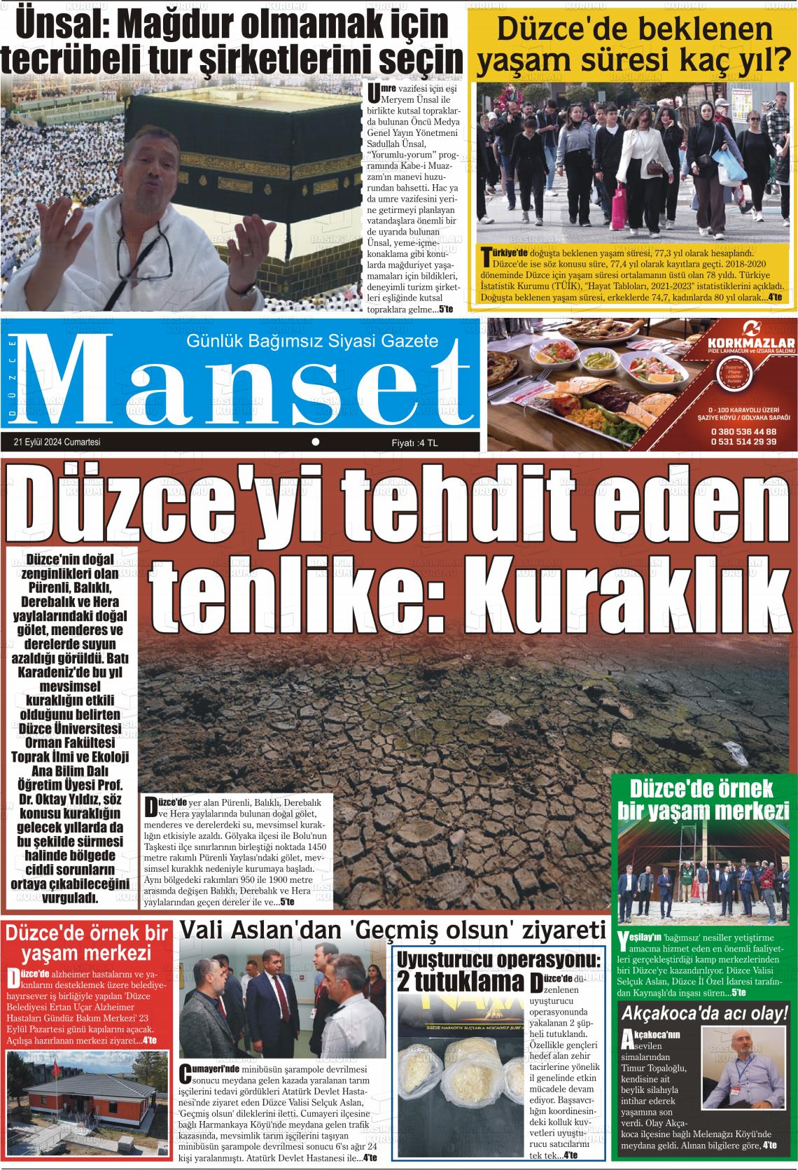 21 Eylül 2024 Düzce Manşet Gazete Manşeti