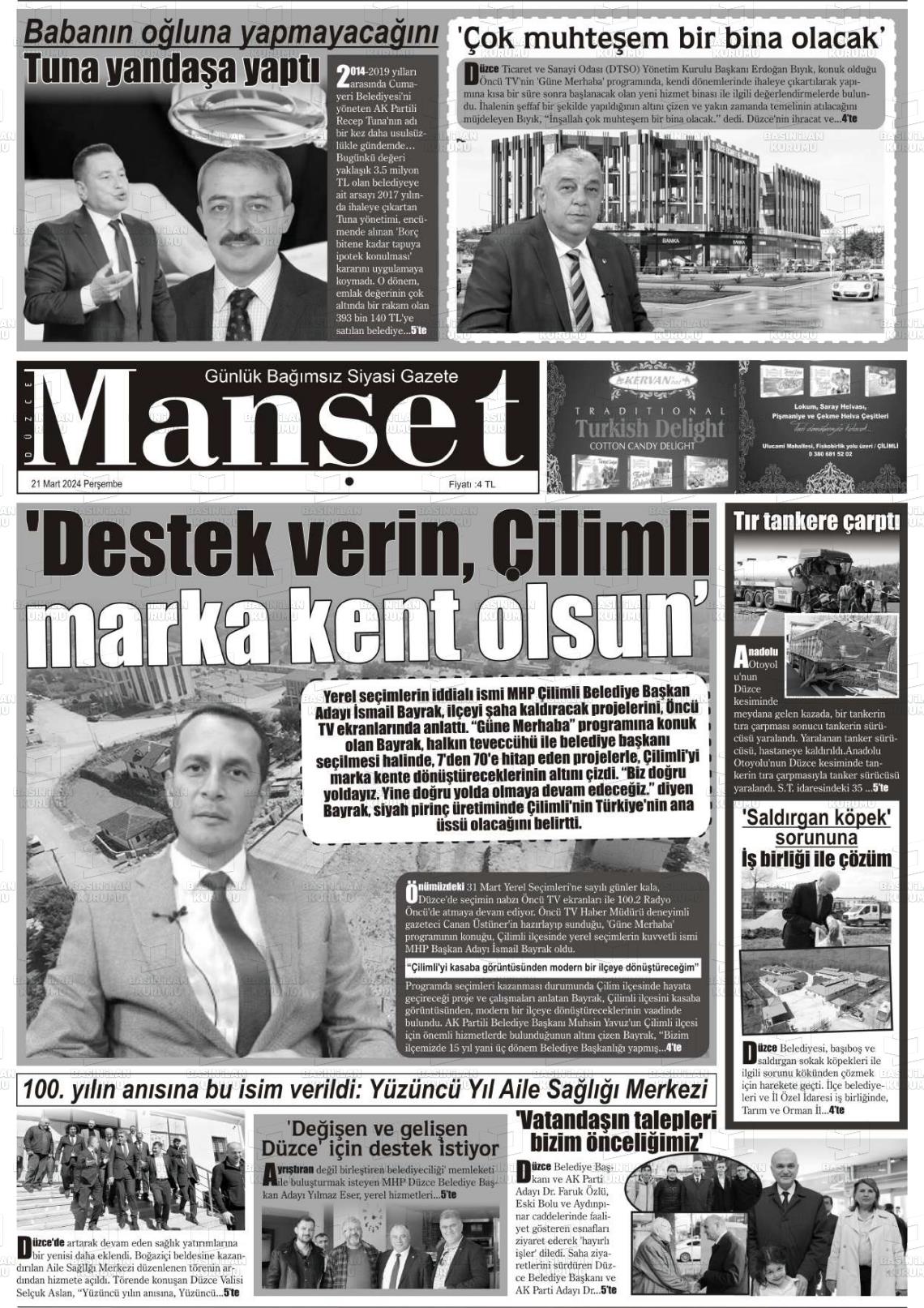 21 Mart 2024 Düzce Manşet Gazete Manşeti