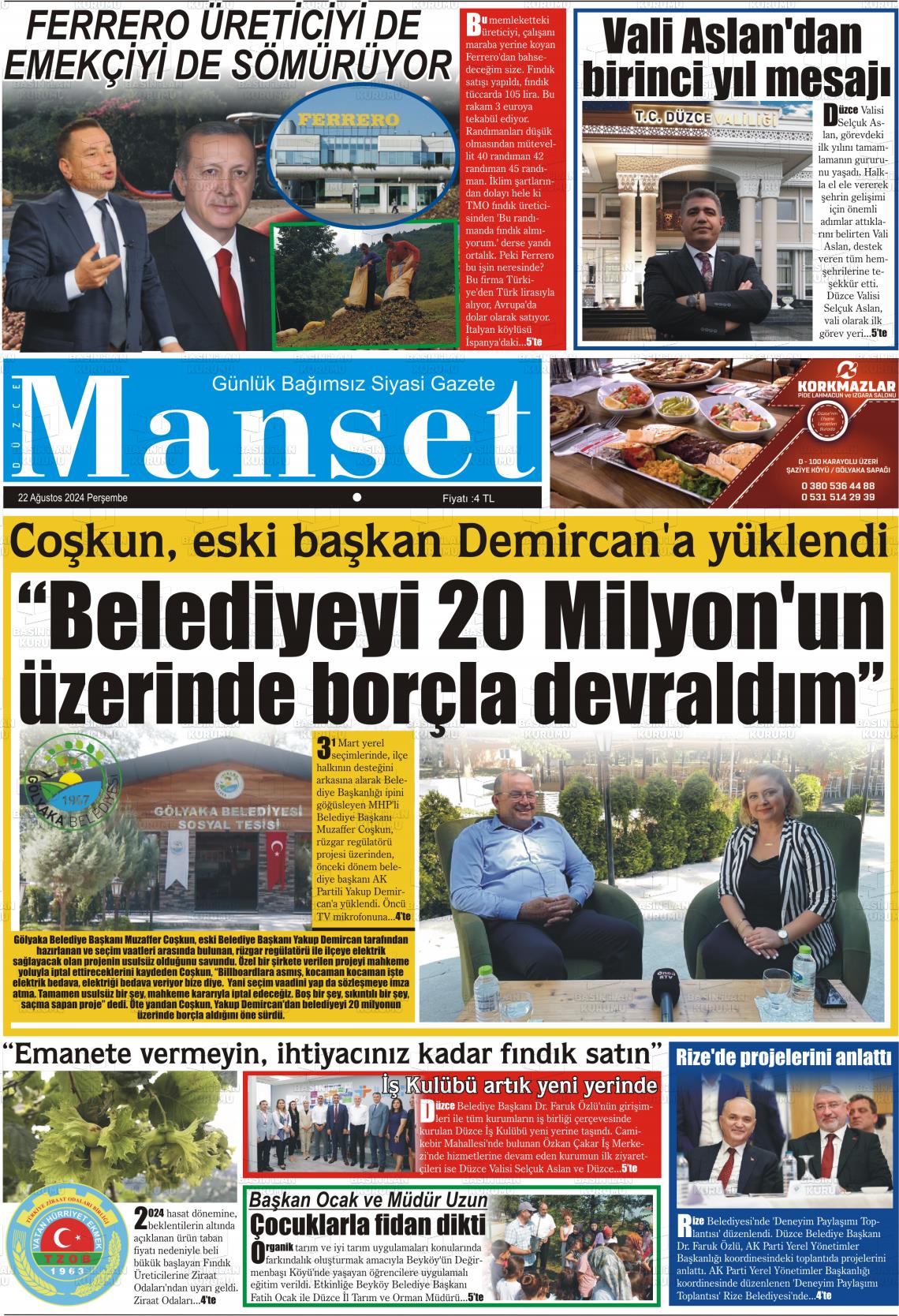 22 Ağustos 2024 Düzce Manşet Gazete Manşeti