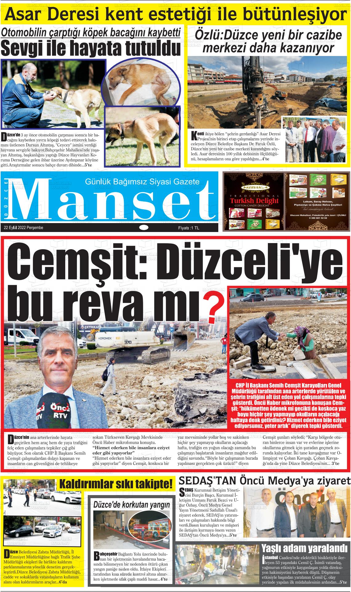 22 Eylül 2022 Düzce Manşet Gazete Manşeti