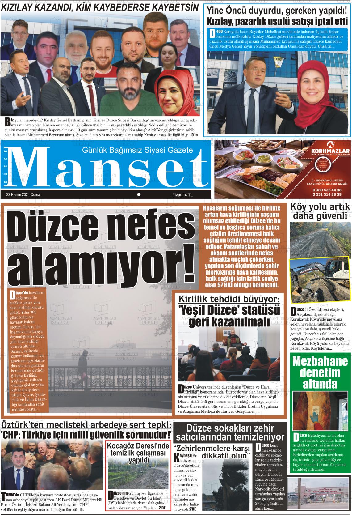 22 Kasım 2024 Düzce Manşet Gazete Manşeti