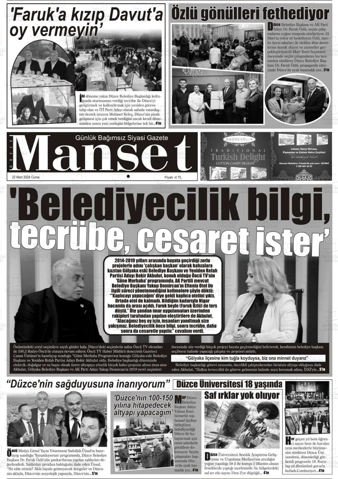 22 Mart 2024 Düzce Manşet Gazete Manşeti