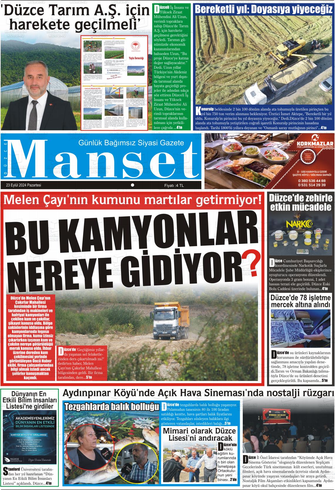 23 Eylül 2024 Düzce Manşet Gazete Manşeti