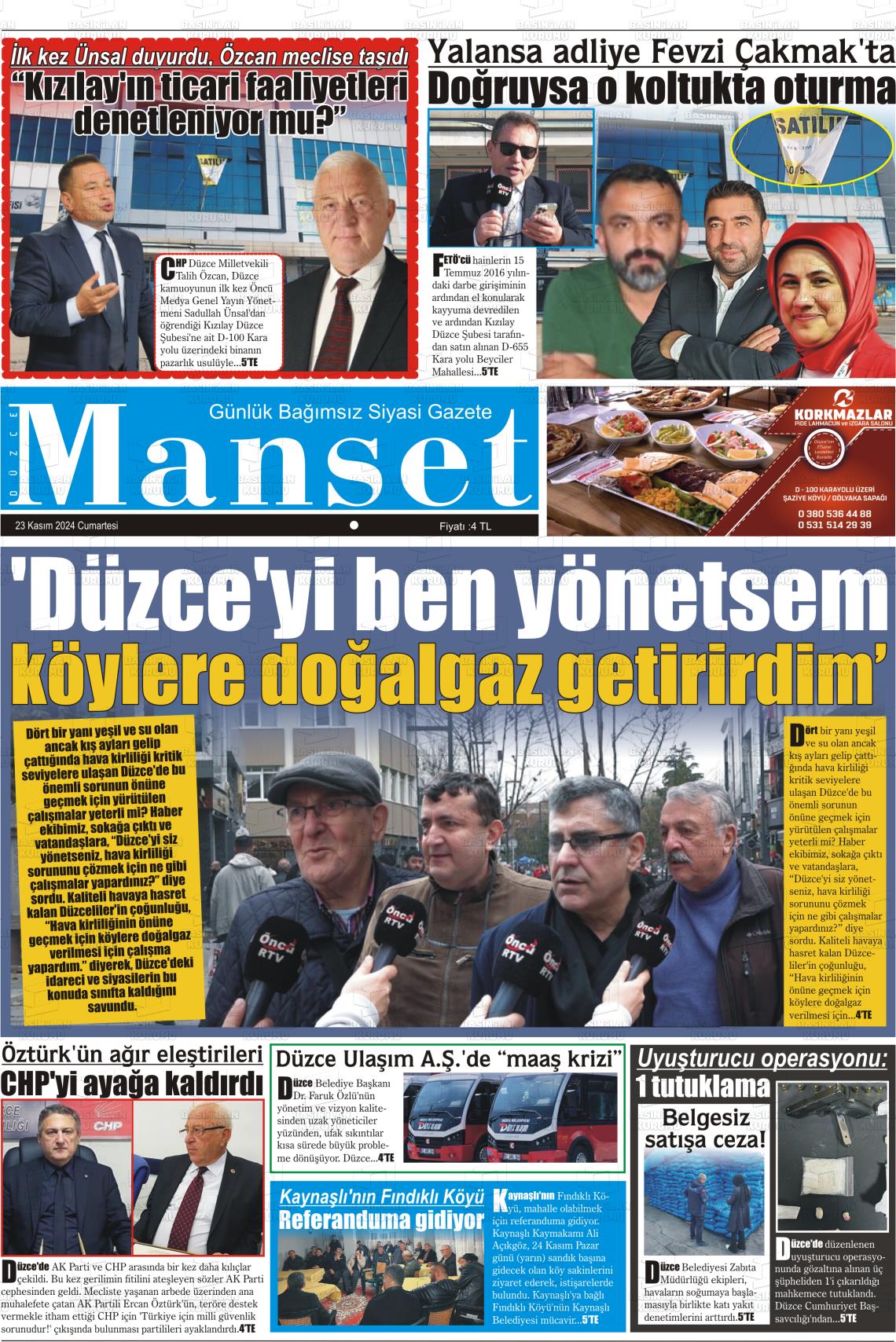 23 Kasım 2024 Düzce Manşet Gazete Manşeti