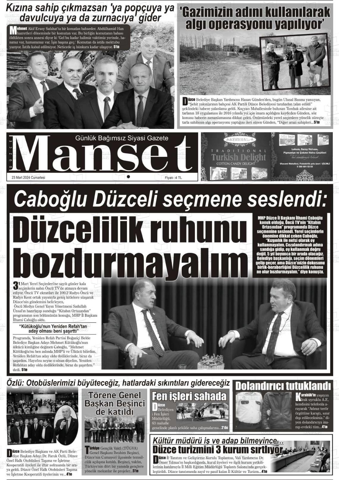 23 Mart 2024 Düzce Manşet Gazete Manşeti