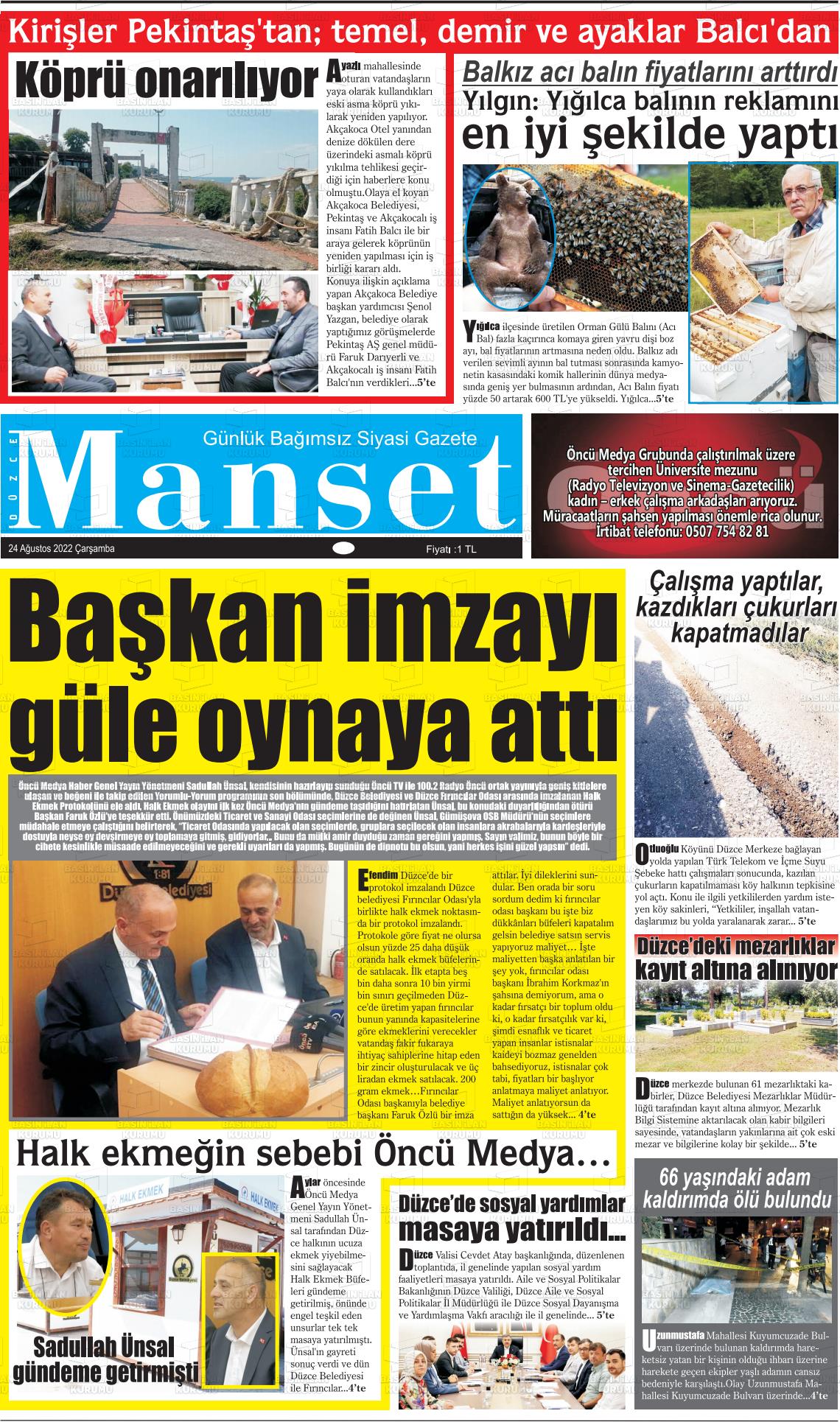 22 Ekim 2022 Düzce Manşet Gazete Manşeti