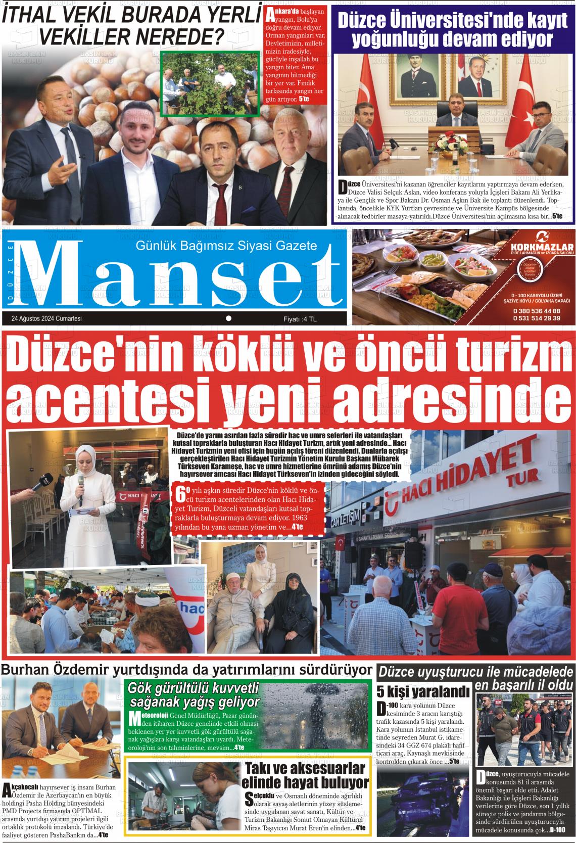 24 Ağustos 2024 Düzce Manşet Gazete Manşeti