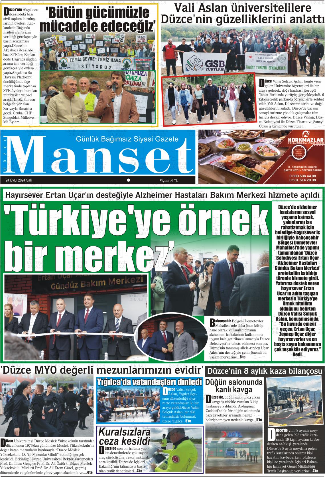 25 Eylül 2024 Düzce Manşet Gazete Manşeti